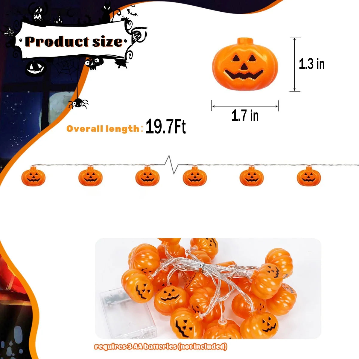 Halloween Pumpkin String Lights – 40 LED Lights, 19.7 Ft, Halloween & Thanksgiving Party Decor