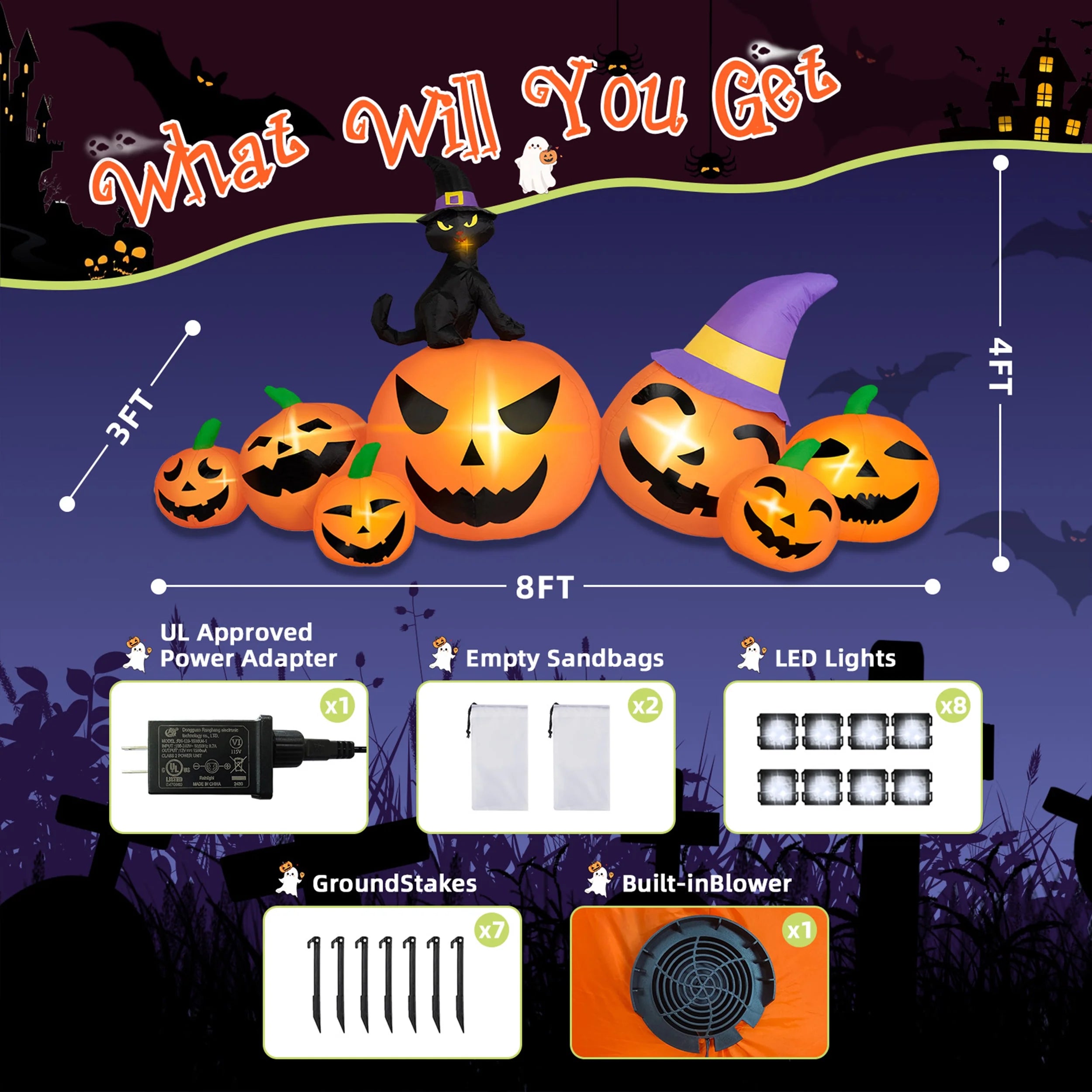 8FT Long Halloween Inflatable Pumpkins – Blow-Up Yard Decor with Witch Hat, Black Cat & Built-In LED Lights for Lawn, Garden, Party & Outdoor Displays