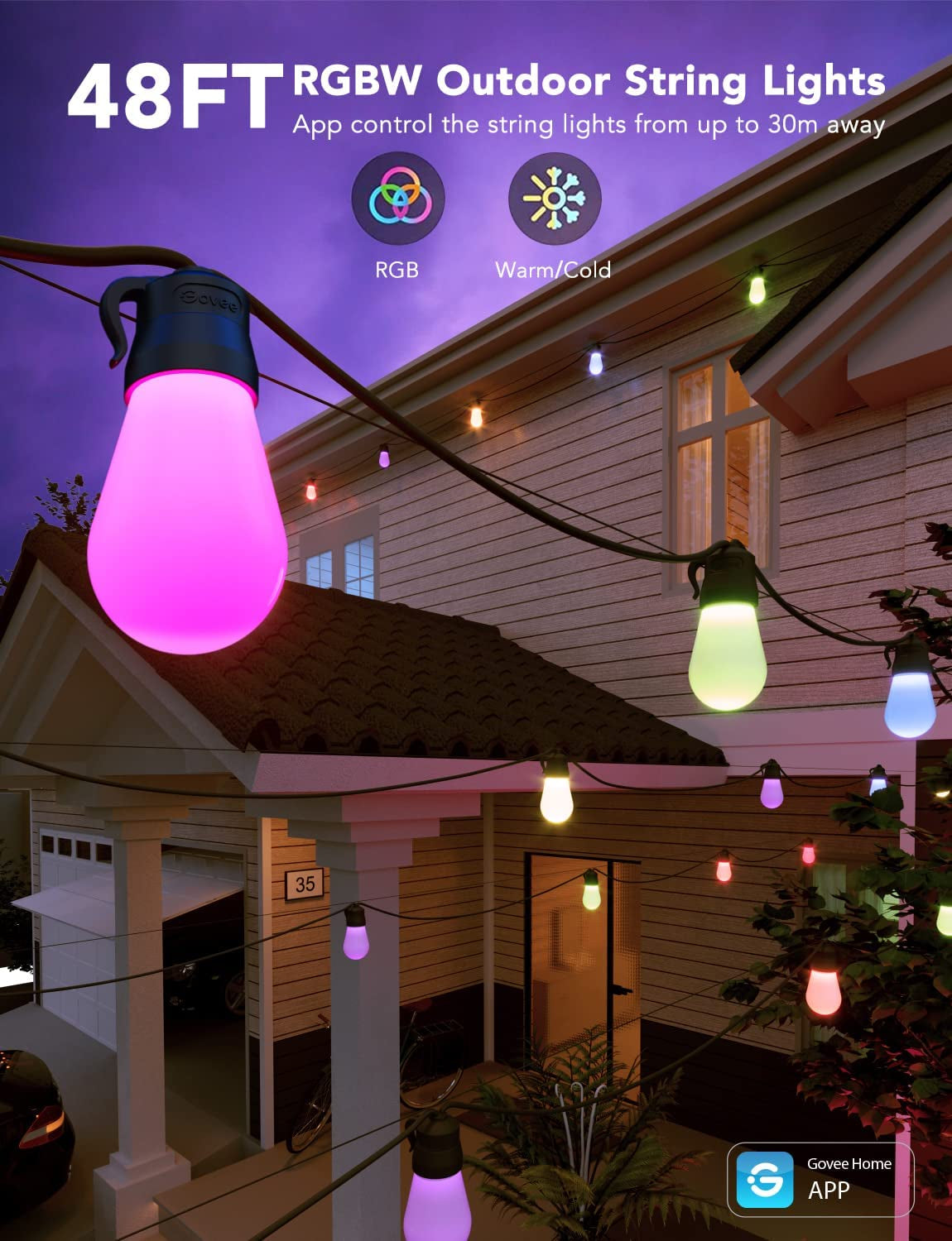 Smart Outdoor String Lights H7015 – 48Ft RGBIC LED Patio Lights with 15 Dimmable Bulbs, App Control, 47 Scene Modes, IP65 Waterproof