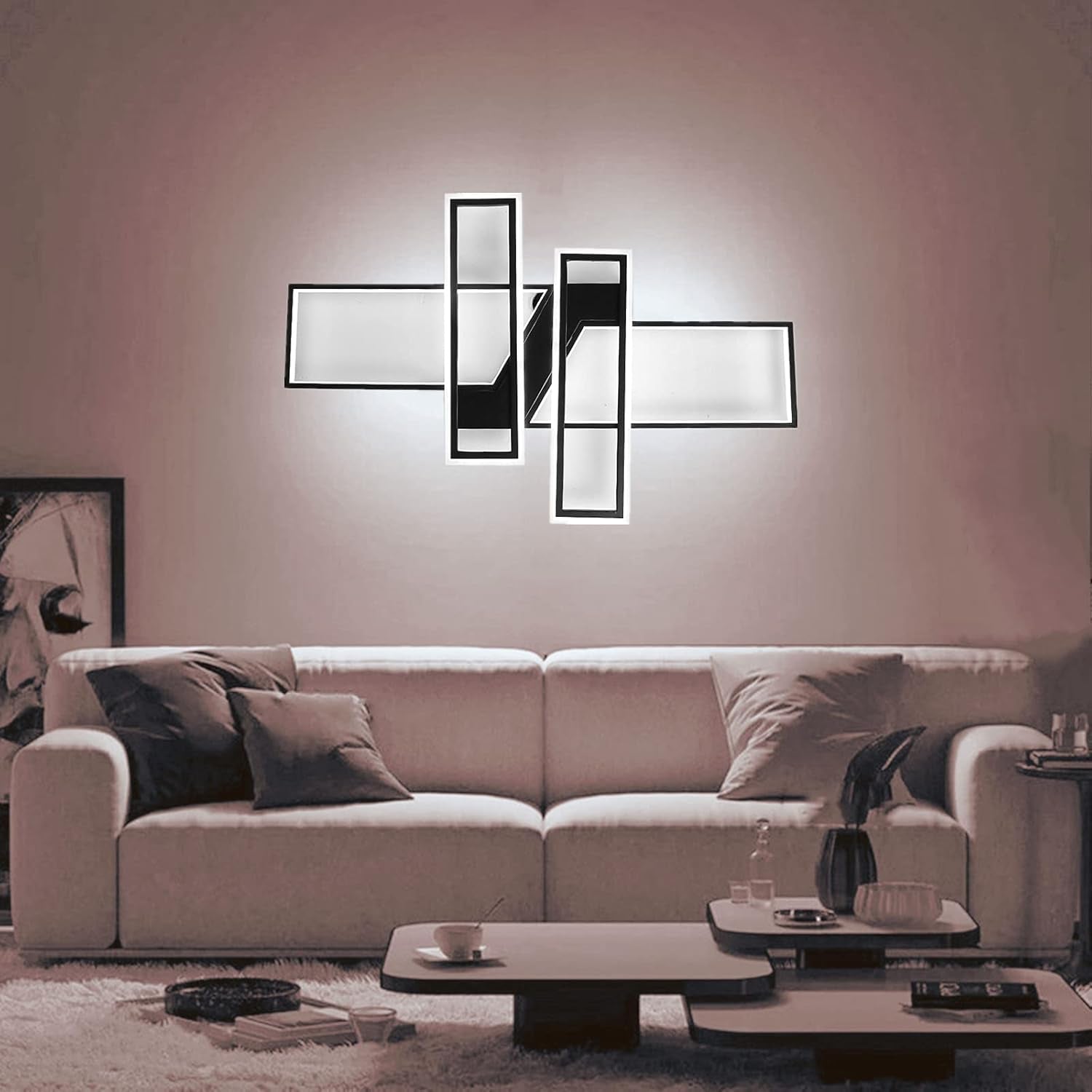 35.4" Modern LED Ceiling Light Fixture – 94W Black Dimmable Rectangular Chandelier with Remote Control, Flush Mount Geometric Lamp for Living Room & Bedroom