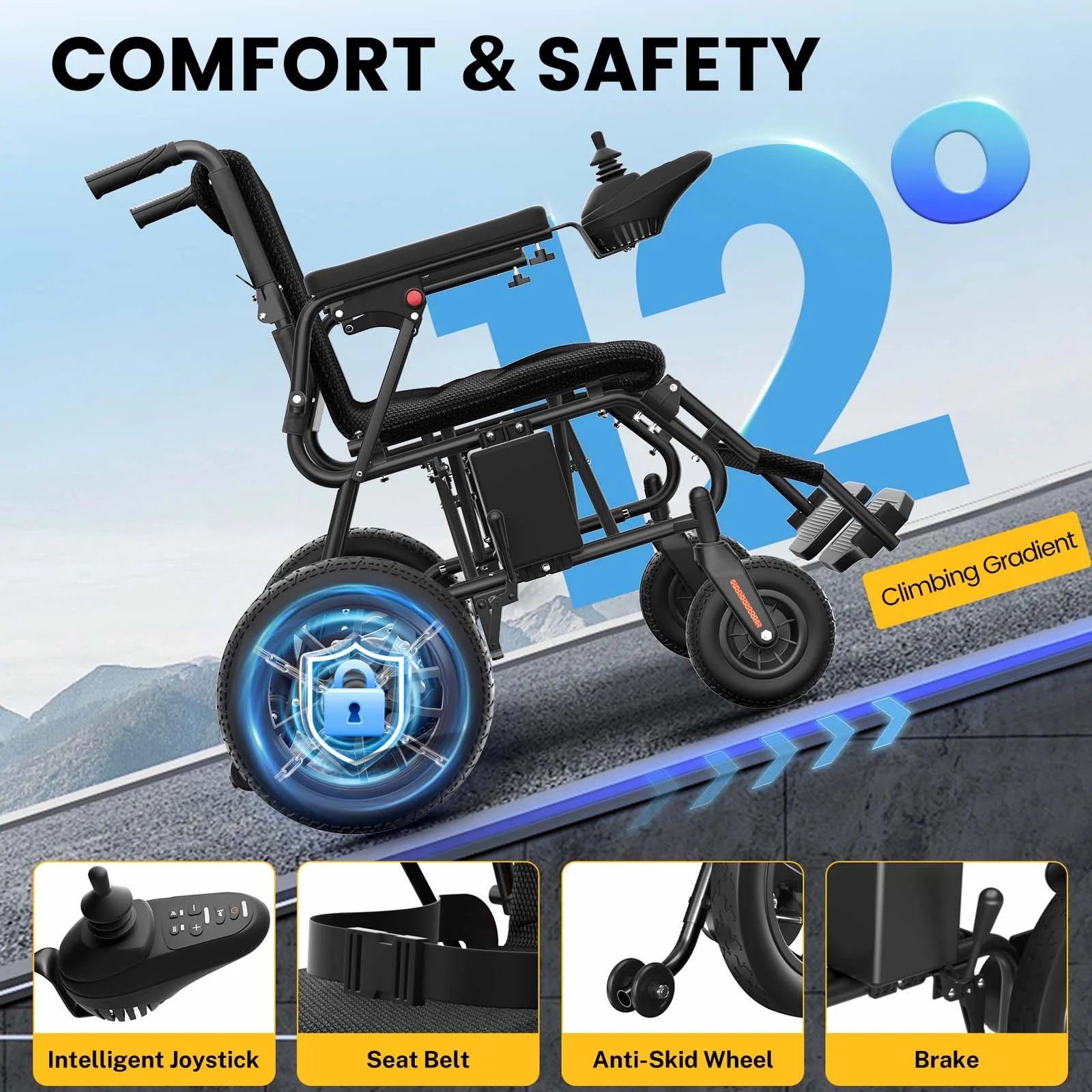 Foldable Electric Wheelchair – Long-Range 20+ Mile Motorized Power Chair with 360° Joystick, All-Terrain Smart Mobility Scooter, Black