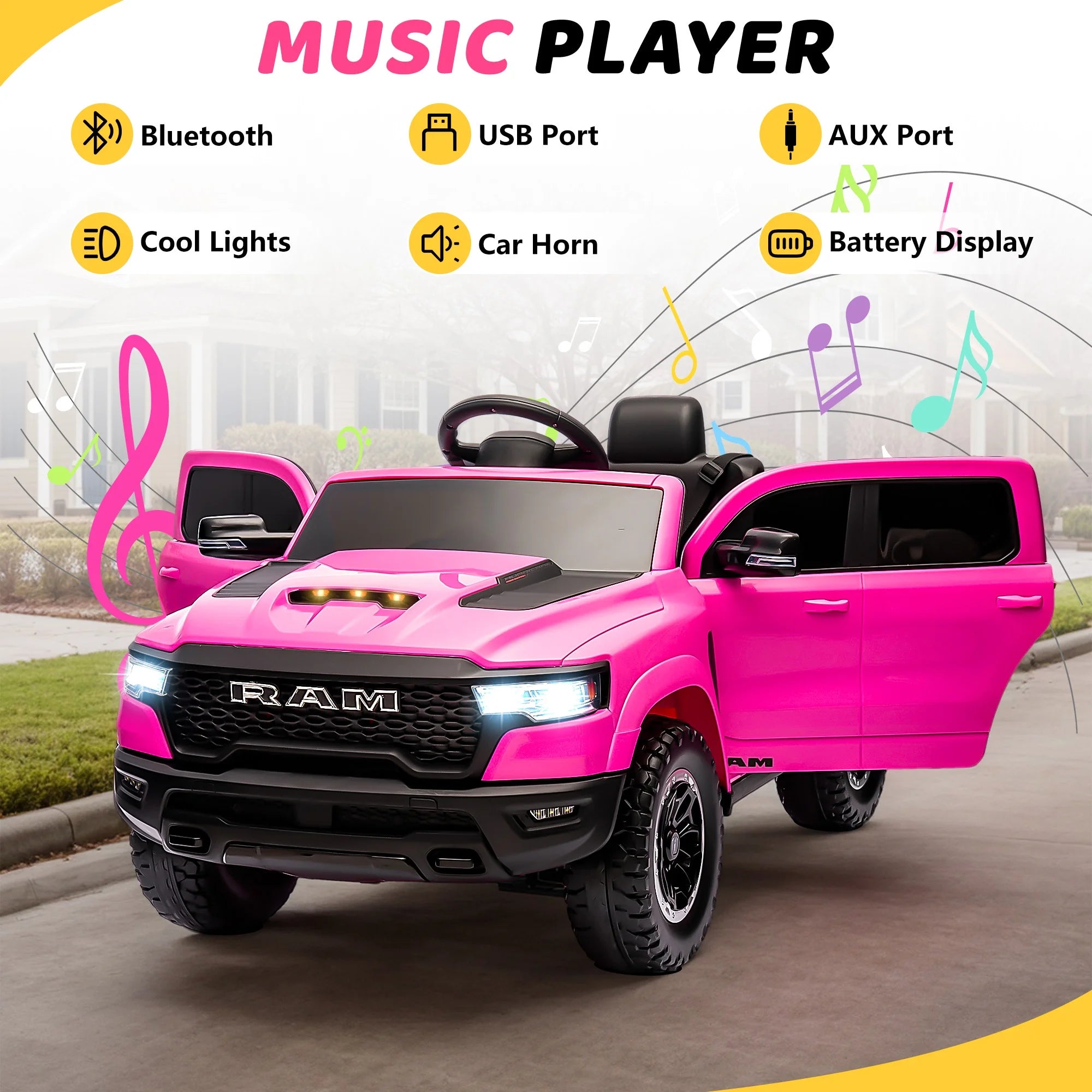 🚗 RAM 1500 12V Ride-On Truck for Kids with Remote Control – Electric Car Toy with Music, LED Lights, Bluetooth & Suspension | Pink