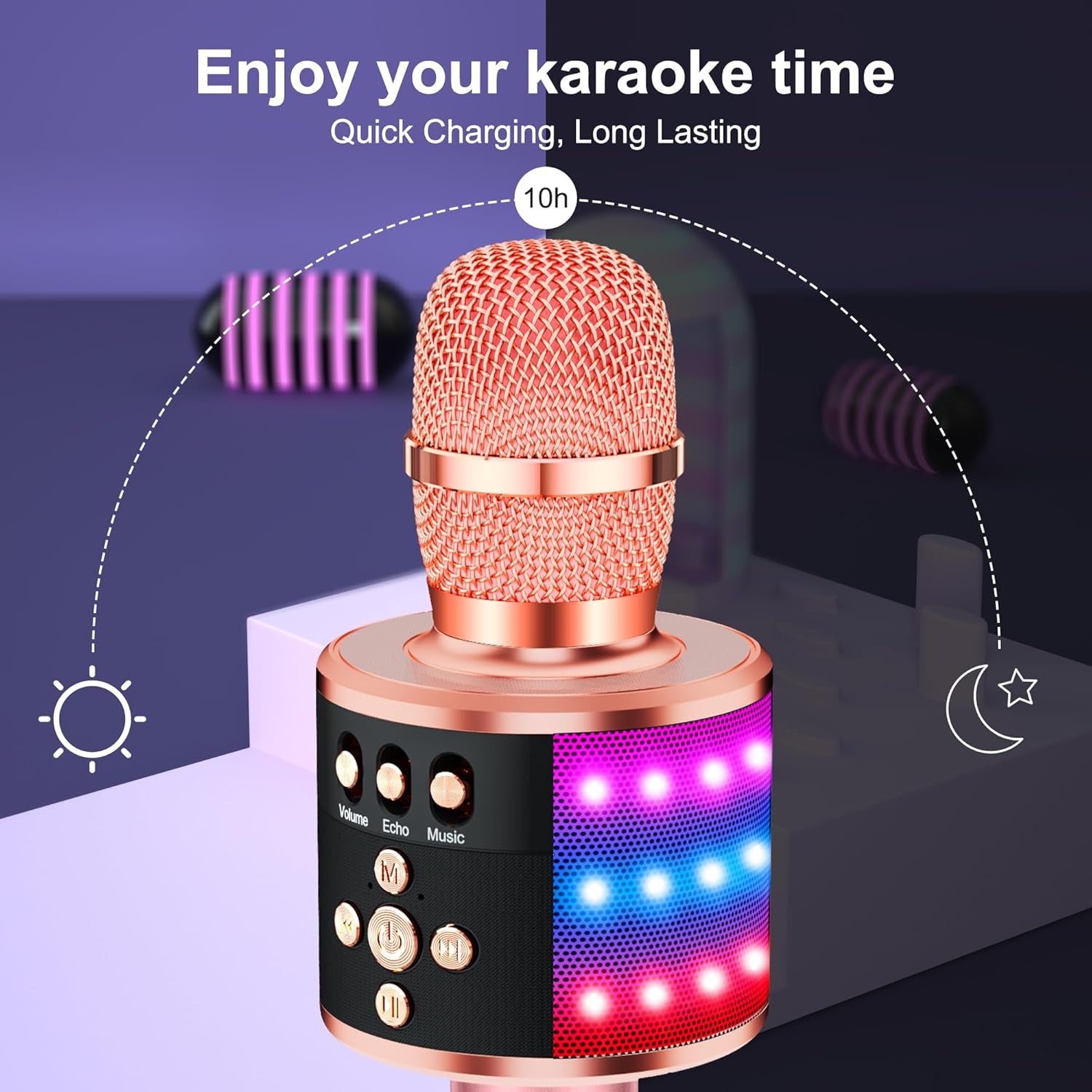 π€ Karaoke Microphone for Kids & Adults β Q78 Rose Gold Bluetooth Singing Mic with Disco Lights & Echo Effect