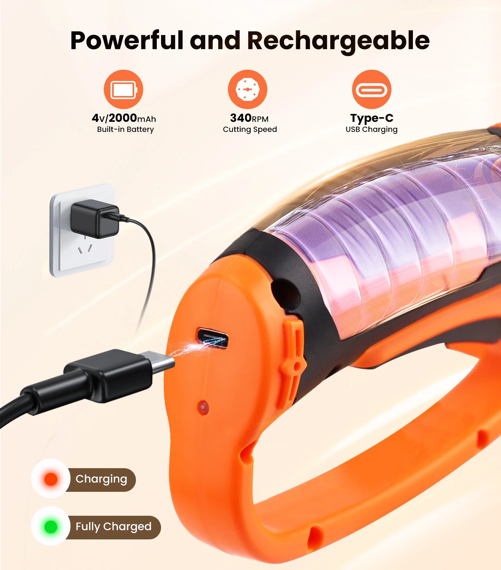 Cordless Electric Scissors — Heavy-Duty 4V Rechargeable Rotary Cutter with Safety Lock & LED Light