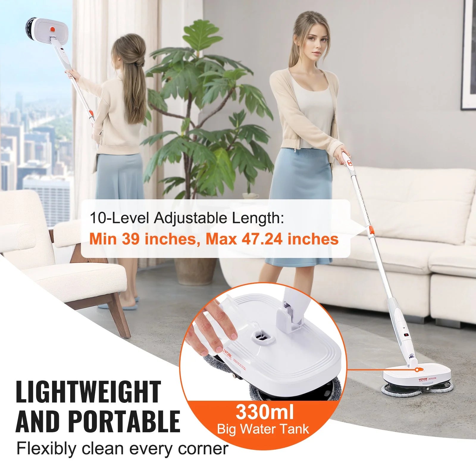 VEVOR Cordless Electric Spin Mop – Battery-Powered Floor Cleaner with Water Tank, LED Headlight, Dual Mop Heads & Microfiber Pads for Hardwood, Tile, and Laminate