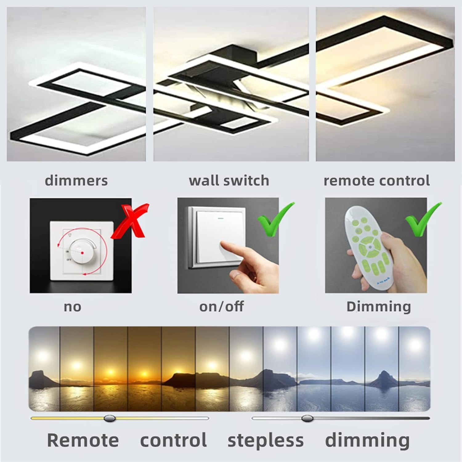 35.4" Modern LED Ceiling Light Fixture – 94W Black Dimmable Rectangular Chandelier with Remote Control, Flush Mount Geometric Lamp for Living Room & Bedroom