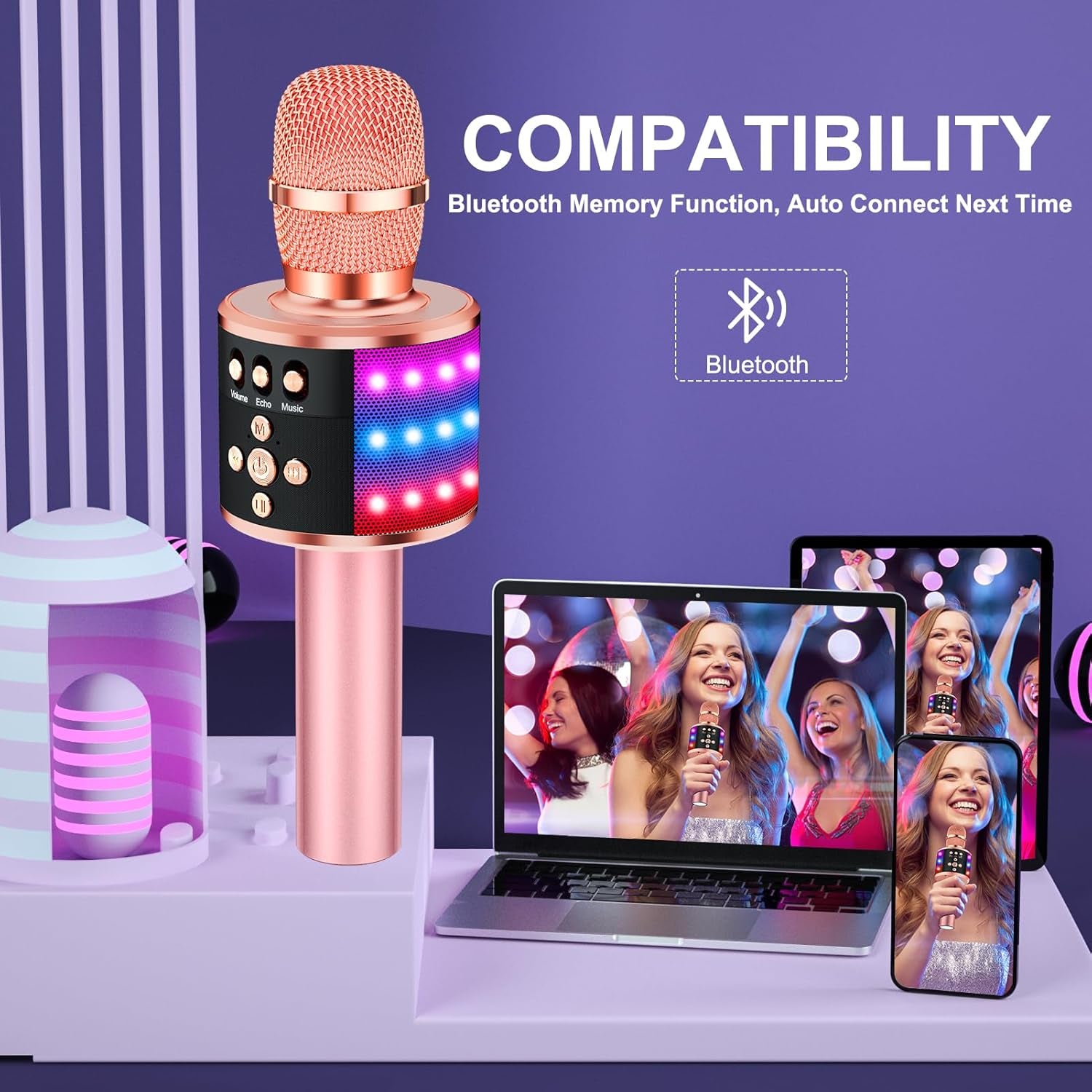 π€ Karaoke Microphone for Kids & Adults β Q78 Rose Gold Bluetooth Singing Mic with Disco Lights & Echo Effect