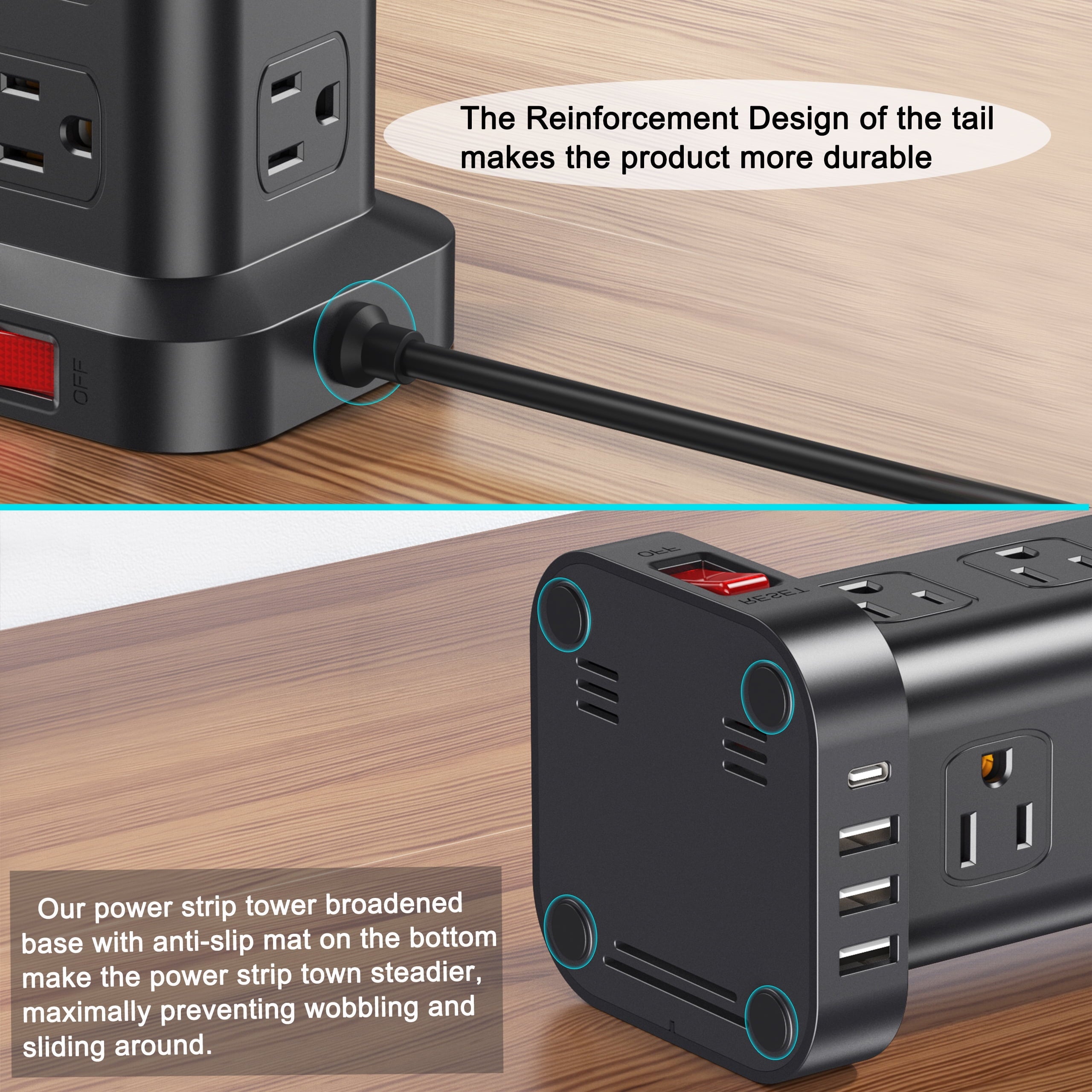 Power Strip Tower – 12 Outlets with 4 USB Ports, Surge Protector Charging Station with 6.5Ft Extension Cord (Black)