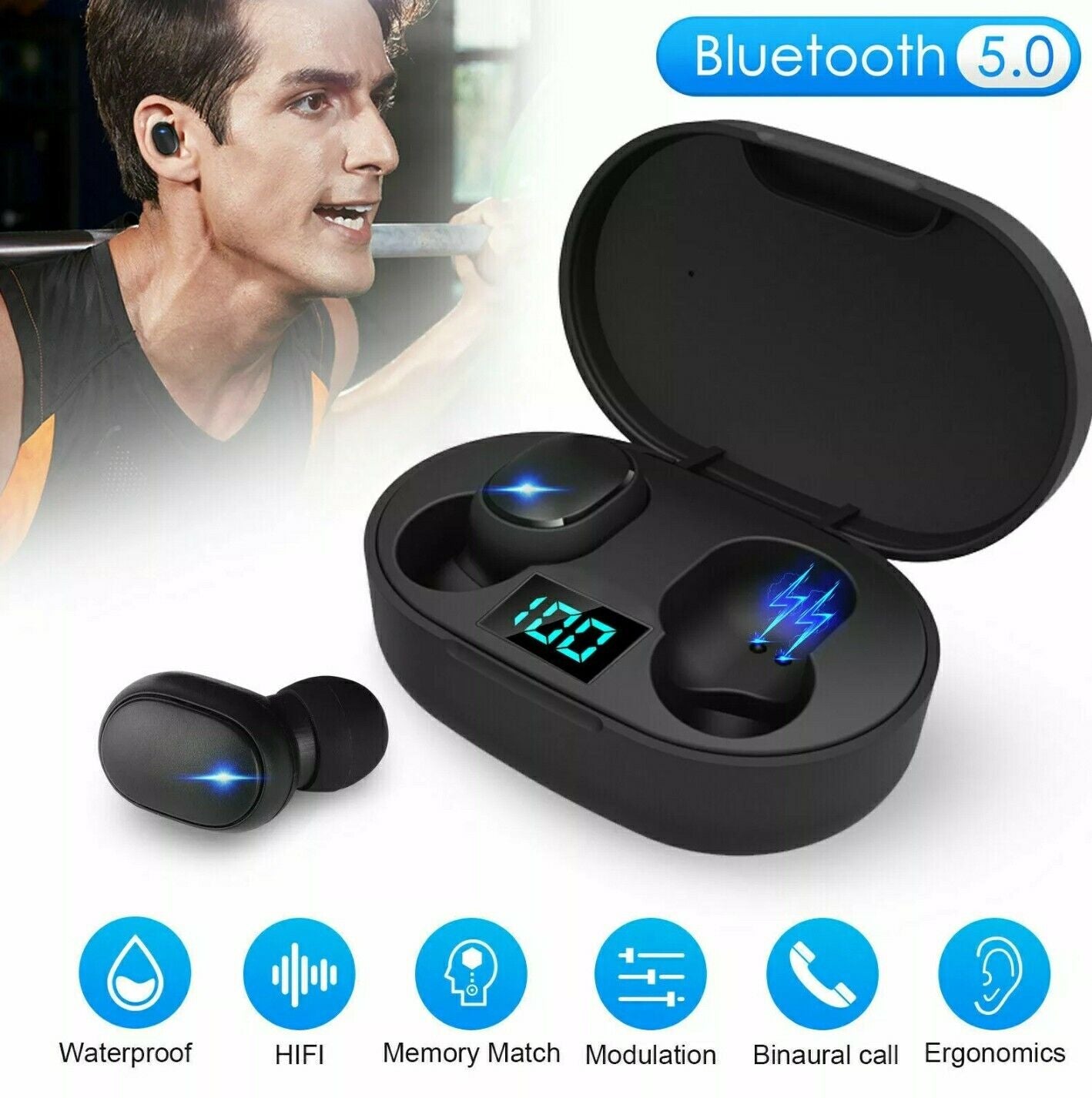 TWS Wireless Bluetooth Earbuds | Waterproof Bluetooth Headset with Noise Cancelling | In-Ear Stereo Sound & Touch Control