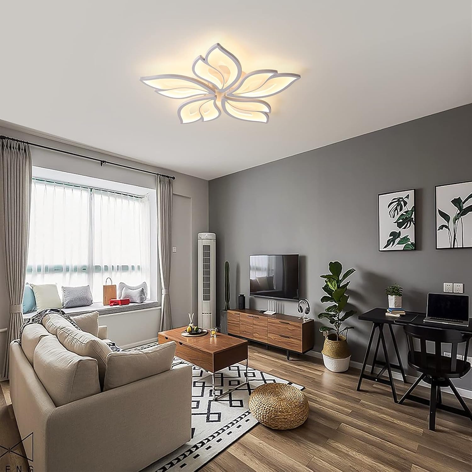 Modern Ceiling Light 23.6” – Dimmable LED Chandelier Flush Mount with Remote Control, Acrylic Leaf White Lamp Fixture for Living Room, Dining Room & Bedroom, 60W