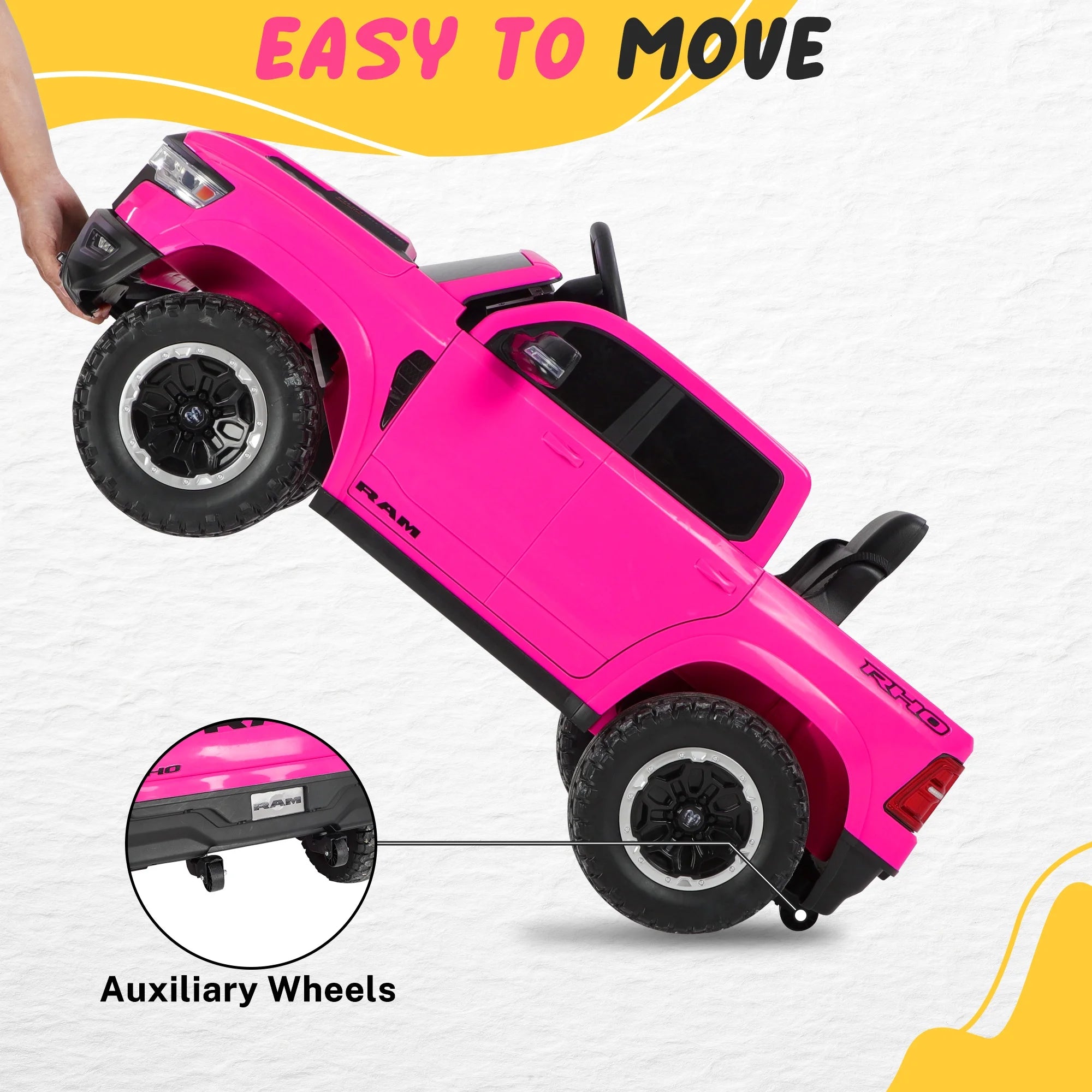🚗 RAM 1500 12V Ride-On Truck for Kids with Remote Control – Electric Car Toy with Music, LED Lights, Bluetooth & Suspension | Pink