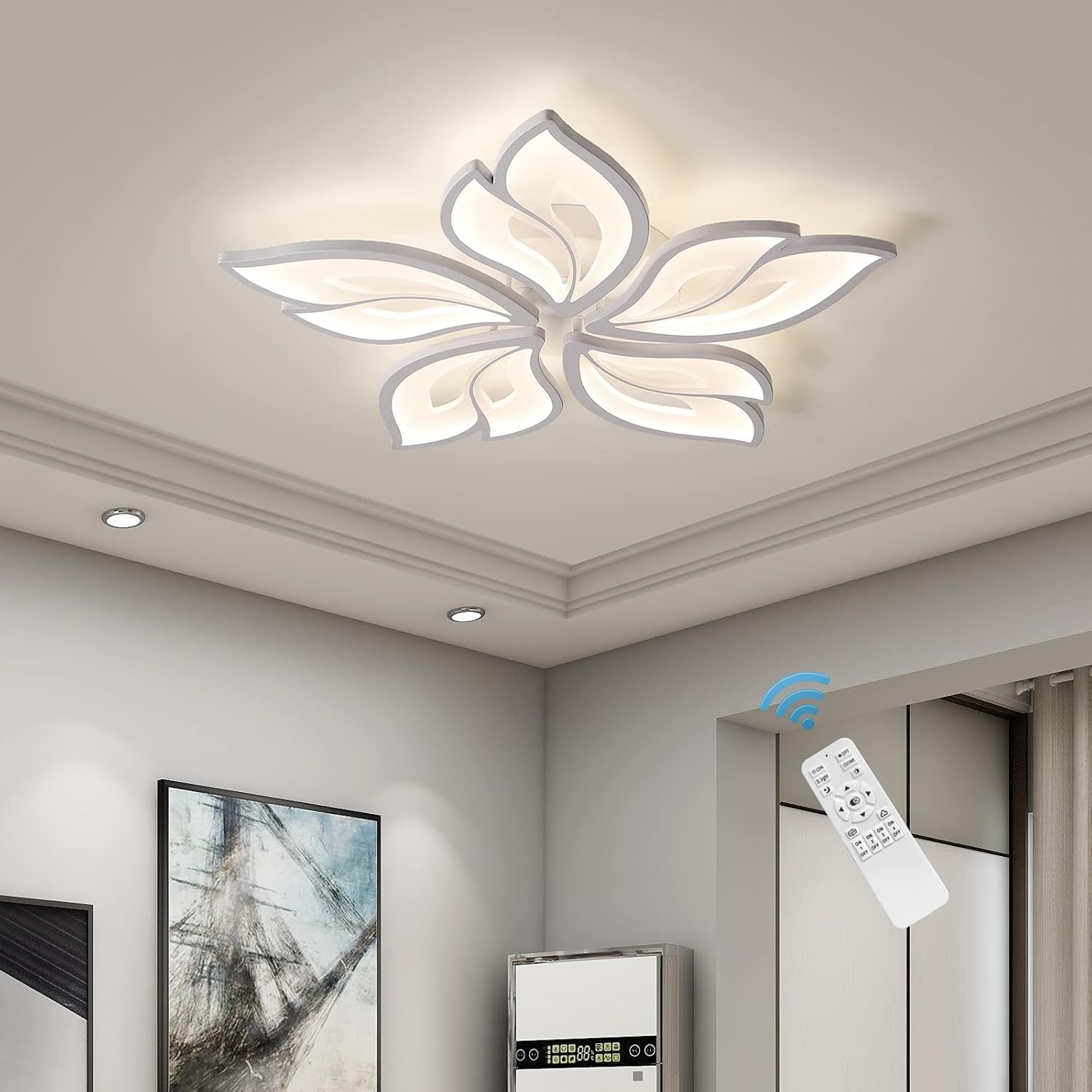 Modern Ceiling Light 23.6” – Dimmable LED Chandelier Flush Mount with Remote Control, Acrylic Leaf White Lamp Fixture for Living Room, Dining Room & Bedroom, 60W