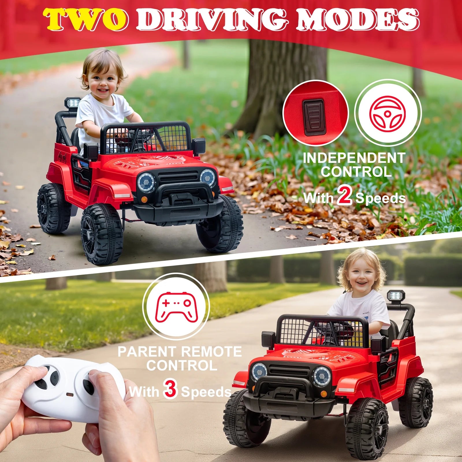 2V Kids Ride-On Truck Car with Parent Remote Control, LED Lights – Red: