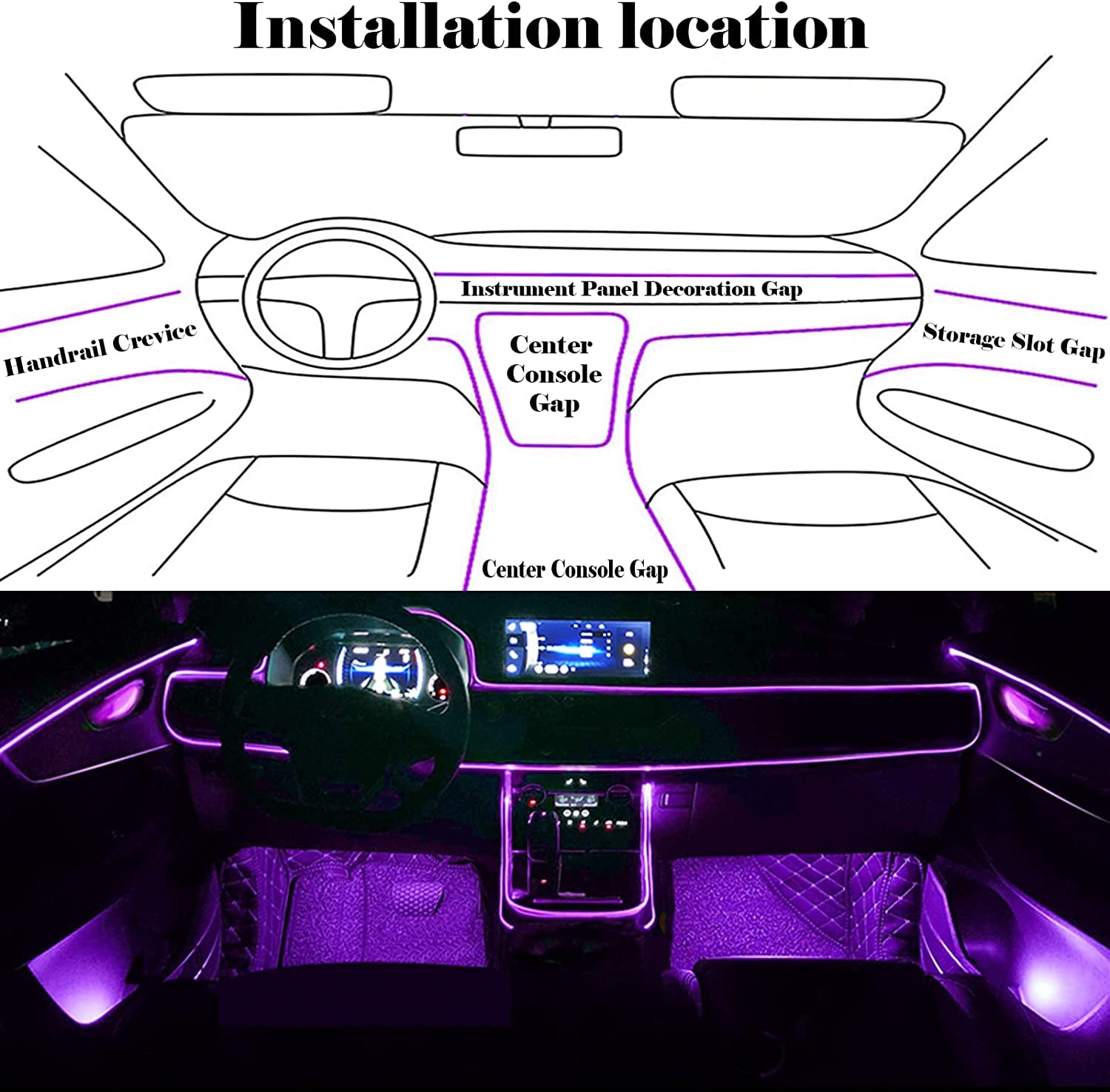 Interior Car LED Strip Lights – 6-in-1 RGB Ambient Lighting Kit with 315" Fiber Optic, Bluetooth APP Control & Music Sync