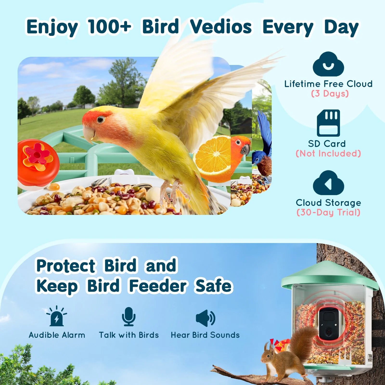 VEVOR Smart Bird Feeder with Camera – 2K HD AI Bird Recognition, Auto Capture, Night Vision, Solar Powered, Motion Detection & App Control