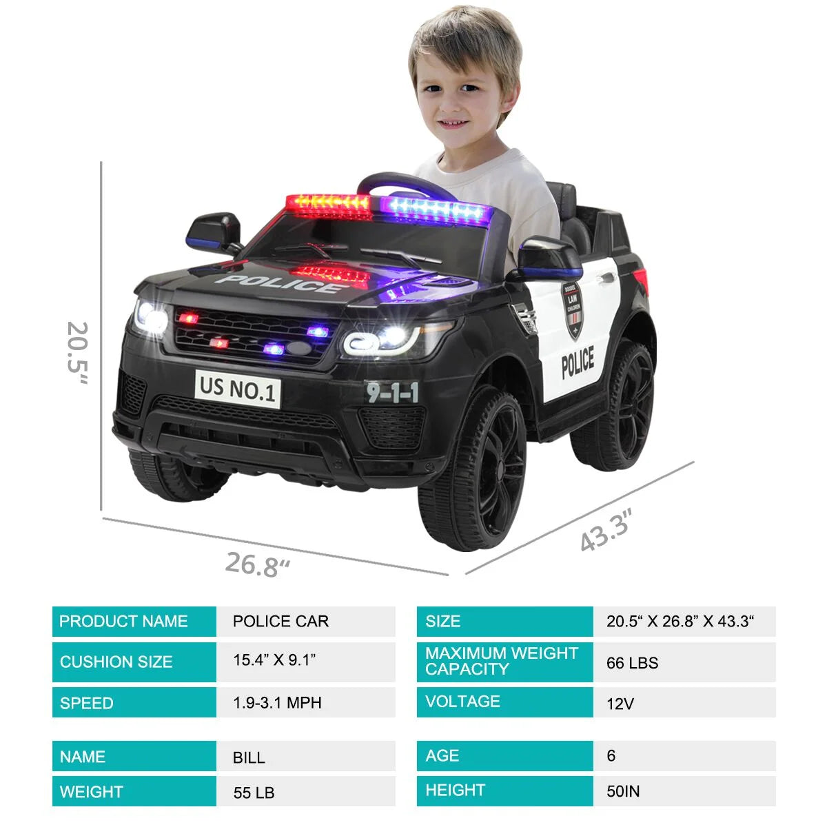 ๐ 12V Police Car Ride-On with Remote Control, Real Megaphone, Music, LED Siren & Bluetooth โ For Kids Ages 3-8