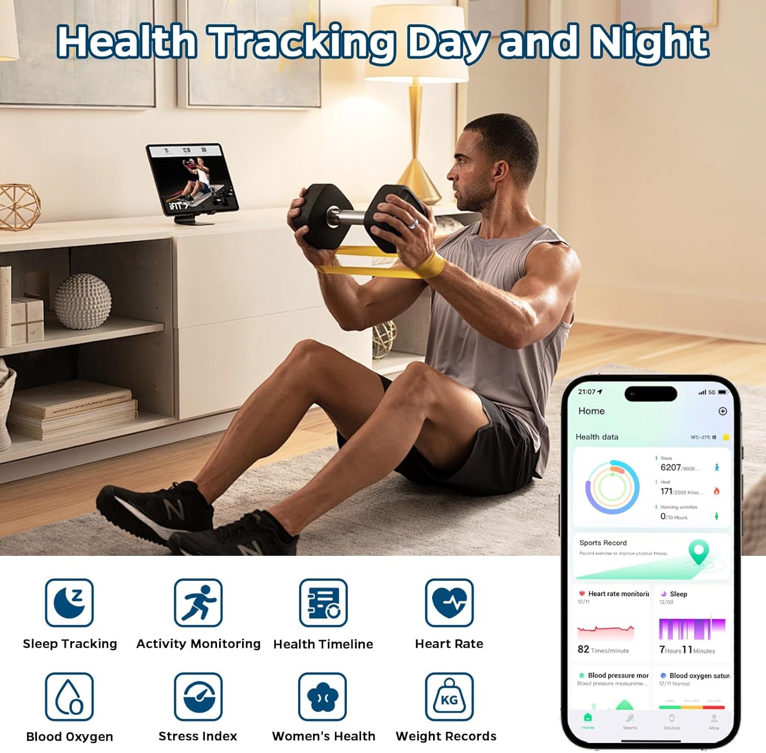Smart Ring Health Tracker with Heart Rate & Sleep Monitoring – Waterproof Fitness Ring with Air Gestures, Up to 7-Day Battery, Compatible with iOS & Android (Black, Size