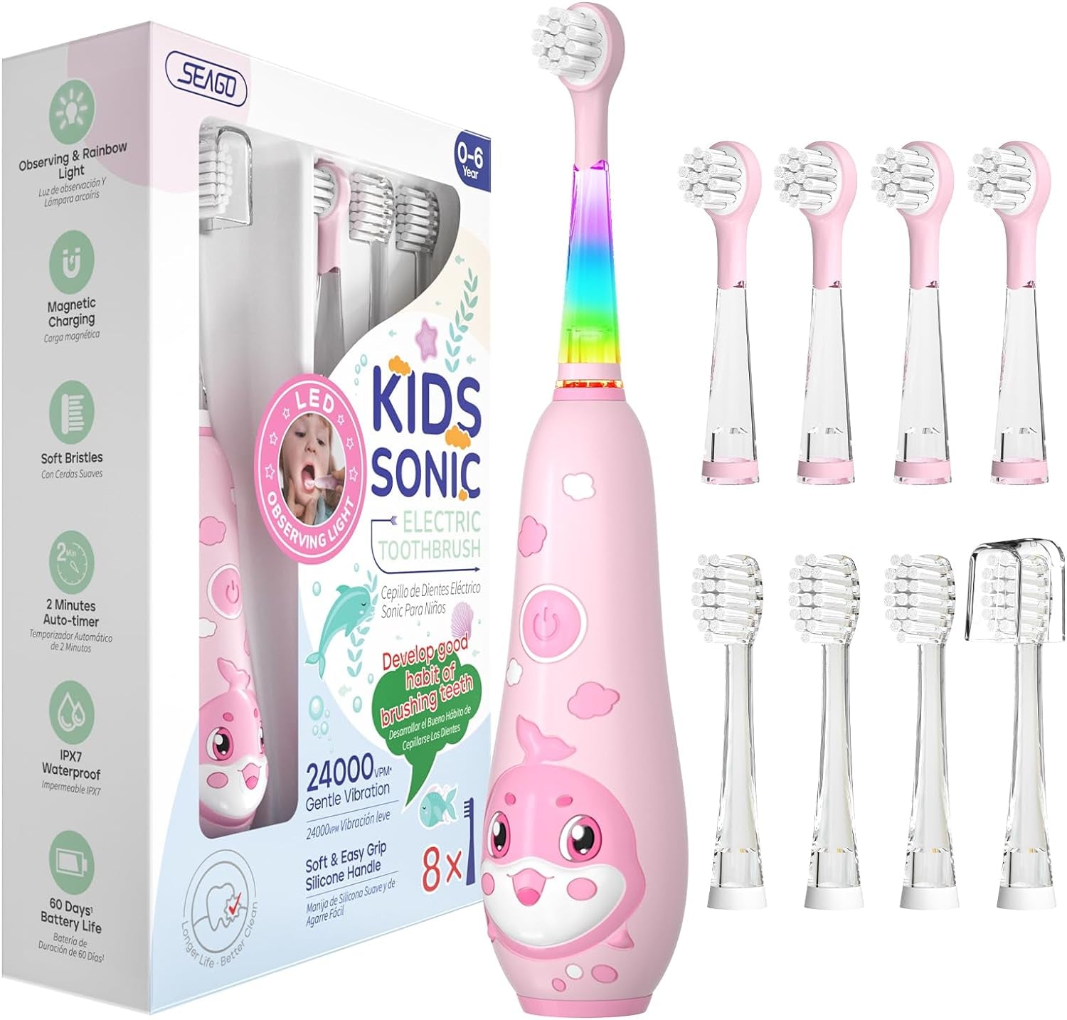 Kids Electric Toothbrush Rechargeable with Magnetic Charging – 8 Heads & LED Light for Toddlers & Kids Ages 2-6 (Pink)