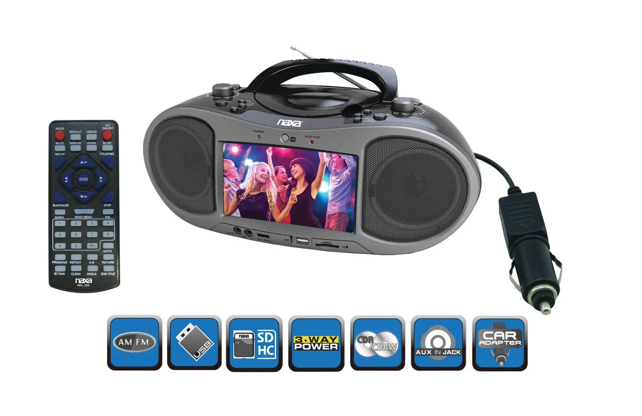 Electronics NDL-256 7-Inch Bluetooth DVD Boombox – Portable Media Player with Screen, FM Radio & USB Playback