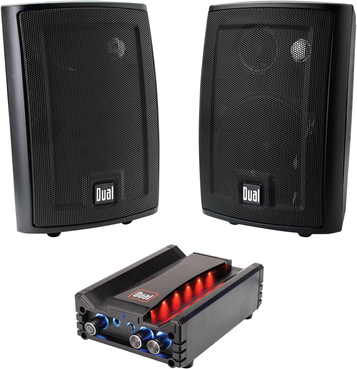 LU43PB 3-Way Indoor/Outdoor Speakers with Deep Bass + DBTMA100 Bluetooth Stereo Amplifier – High-Performance Audio System