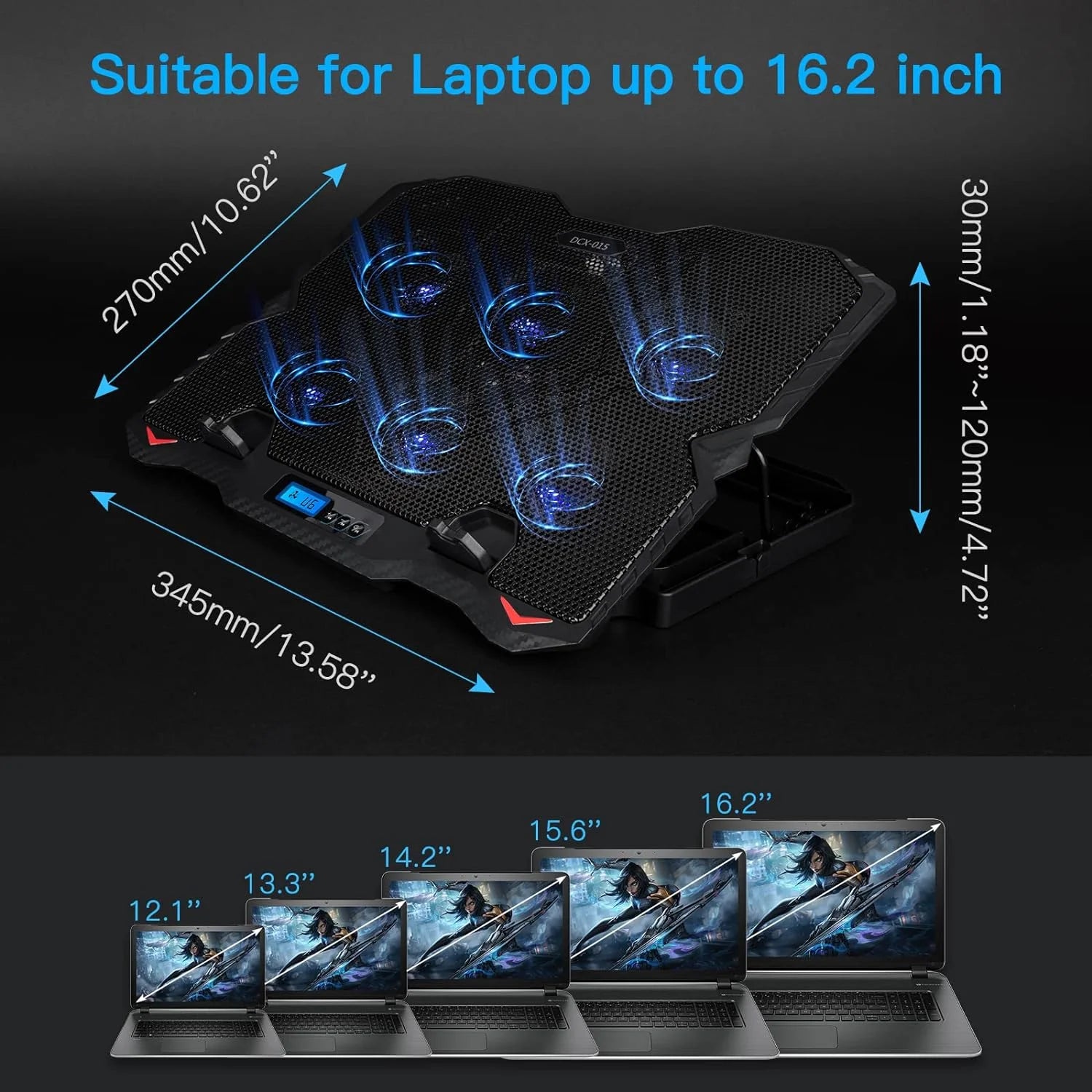 MATEPROX Laptop Cooling Pad – 12"-16.2" Adjustable Cooling Stand with Dual USB Ports, 6 Quiet Fans & Phone Holder