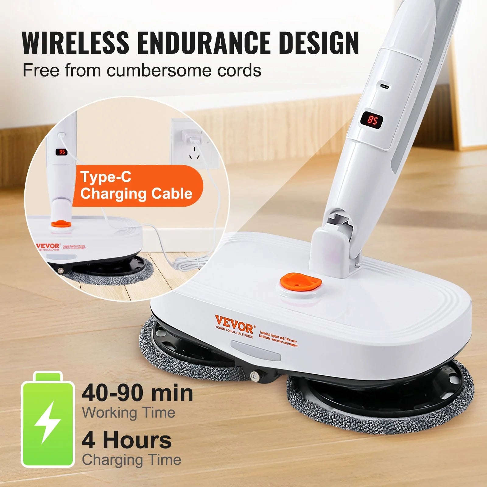 VEVOR Cordless Electric Spin Mop – Battery-Powered Floor Cleaner with Water Tank, LED Headlight, Dual Mop Heads & Microfiber Pads for Hardwood, Tile, and Laminate