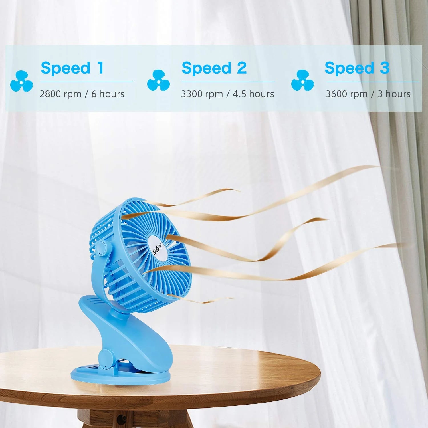 Portable Baby Stroller Fan – USB Rechargeable Clip-On Fan, Blue