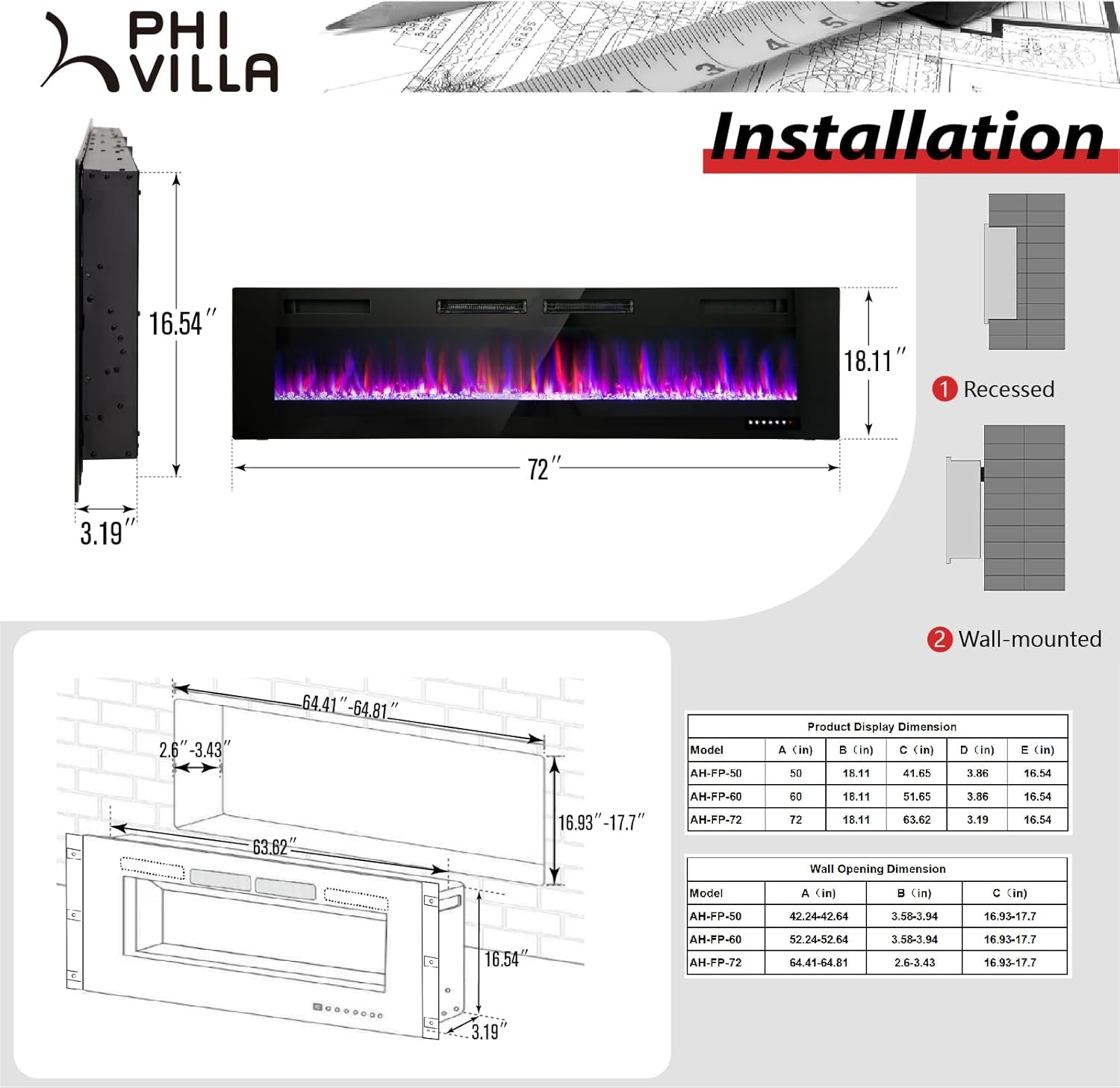 72" Electric Fireplace – Wall Mounted & Recessed, 3.19" Ultra-Thin Linear Heater with Remote, Touch Screen, 750/1500W, Low Noise, Timer