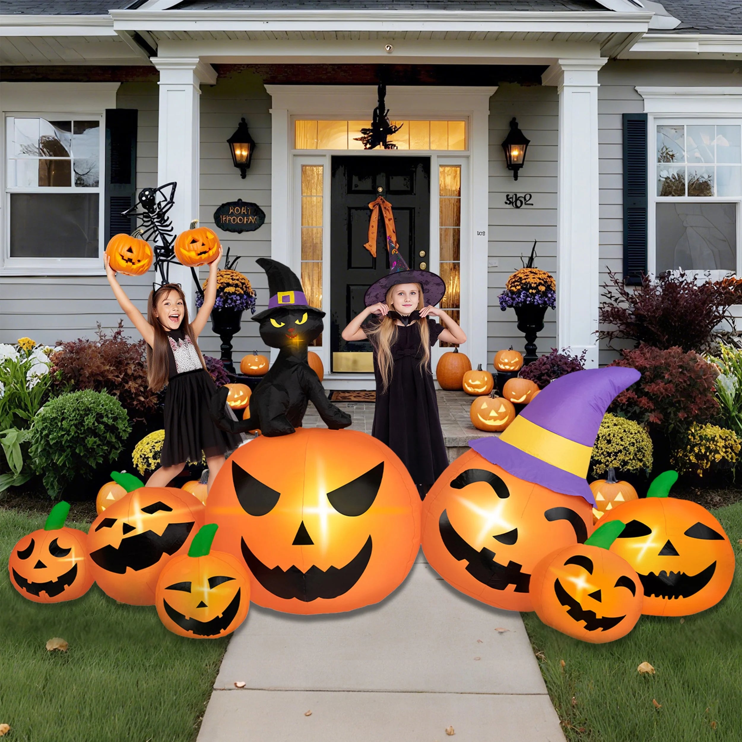 8FT Long Halloween Inflatable Pumpkins – Blow-Up Yard Decor with Witch Hat, Black Cat & Built-In LED Lights for Lawn, Garden, Party & Outdoor Displays