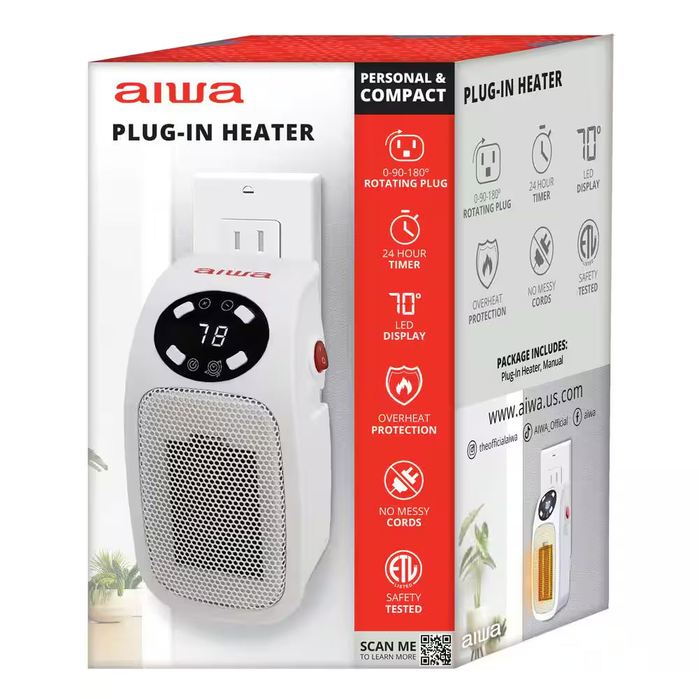 7.87" Electric Outlet Ceramic Plug-In Space Heater – 400W, LCD Digital Display, 24-Hour Timer, Compact & Energy Efficient
