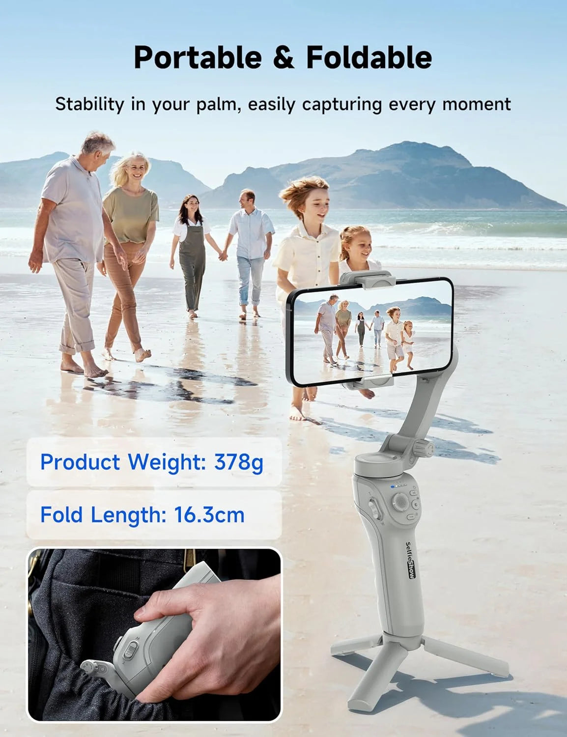 🎥 Smartphone Gimbal Stabilizer – 3-Axis Handheld Camera Gimbal for iPhone & Android Face & Object Tracking | Anti-Shake | Portable & Foldable | Video Vlogging Gimbal for Creators