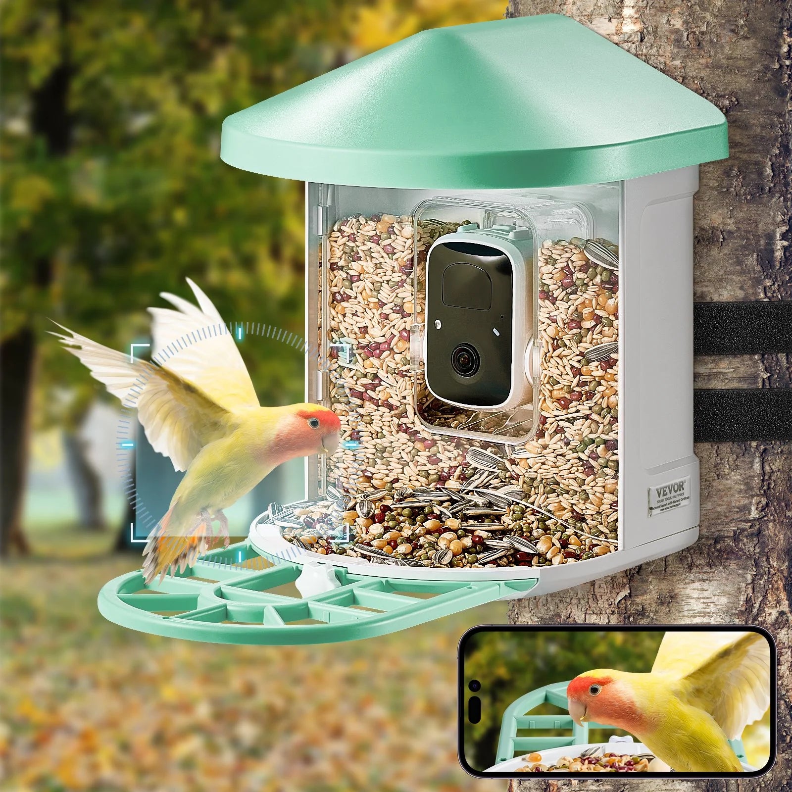 VEVOR Smart Bird Feeder with Camera – 2K HD AI Bird Recognition, Auto Capture, Night Vision, Solar Powered, Motion Detection & App Control