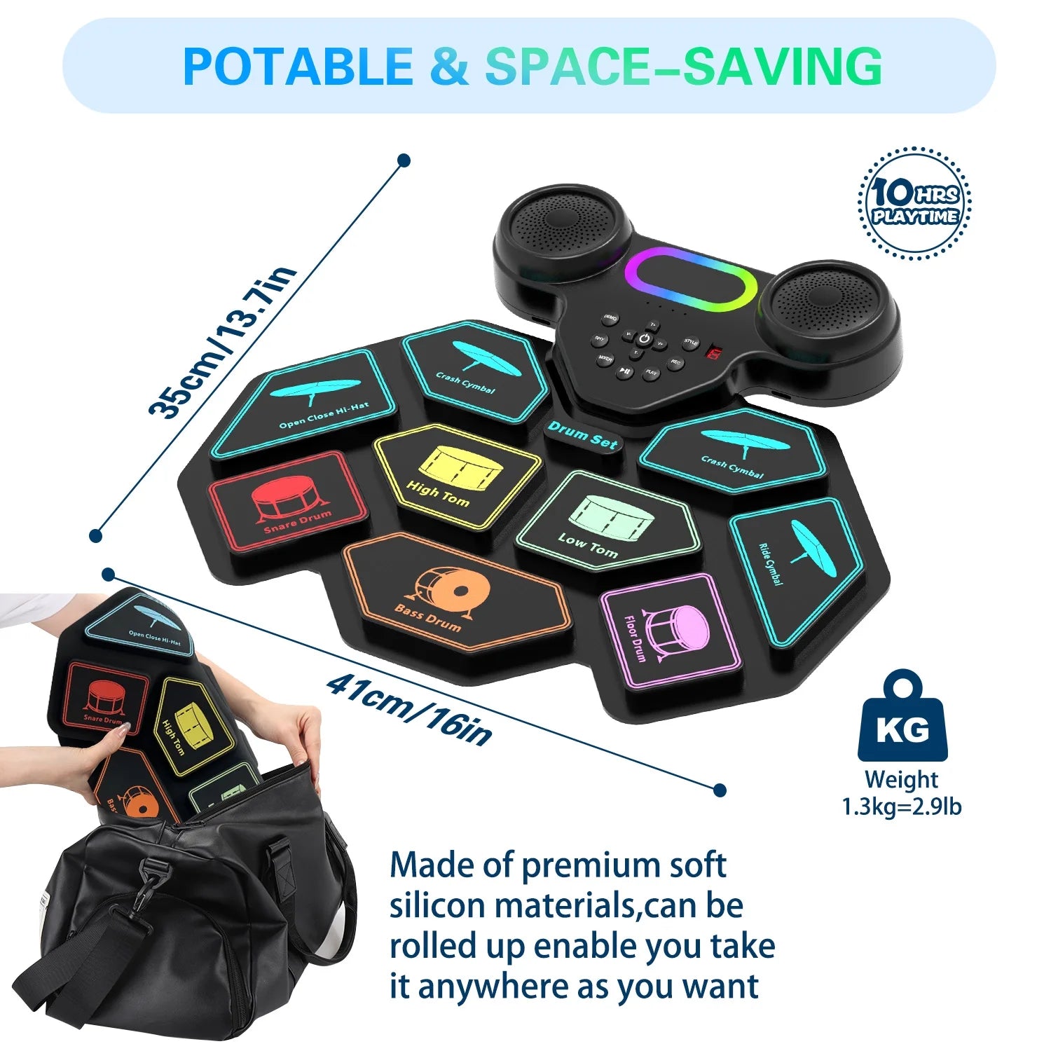 Electronic Drum Set for Kids & Adults – 9-Pad Portable MIDI Roll-Up Drum Kit with Dual Speakers, Headset Jack, Drumsticks & Foot Pedals – Beginner-Friendly