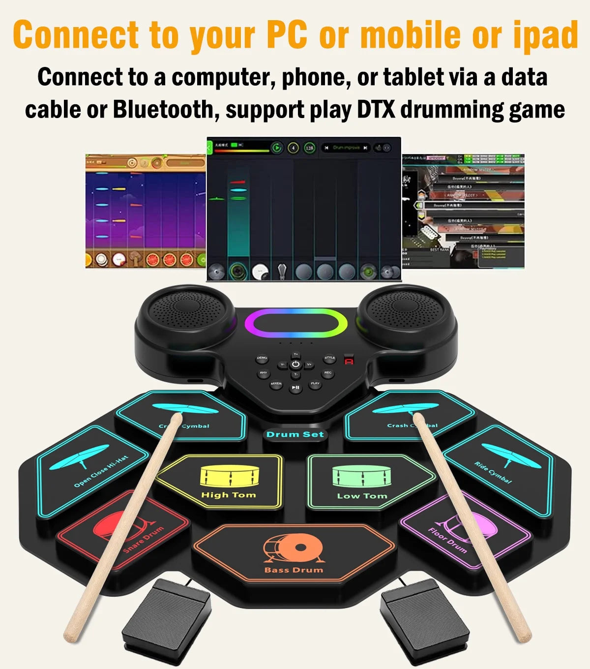 Electronic Drum Set for Kids & Adults – 9-Pad Portable MIDI Roll-Up Drum Kit with Dual Speakers, Headset Jack, Drumsticks & Foot Pedals – Beginner-Friendly