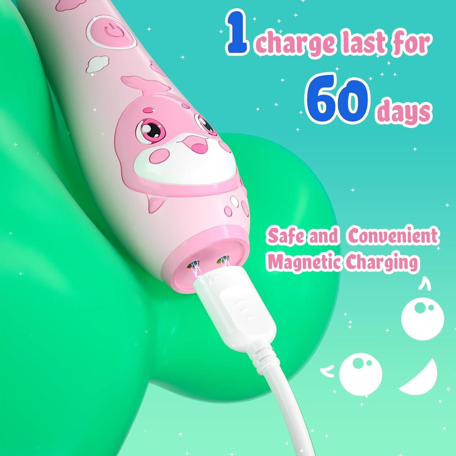 Kids Electric Toothbrush Rechargeable with Magnetic Charging – 8 Heads & LED Light for Toddlers & Kids Ages 2-6 (Pink)
