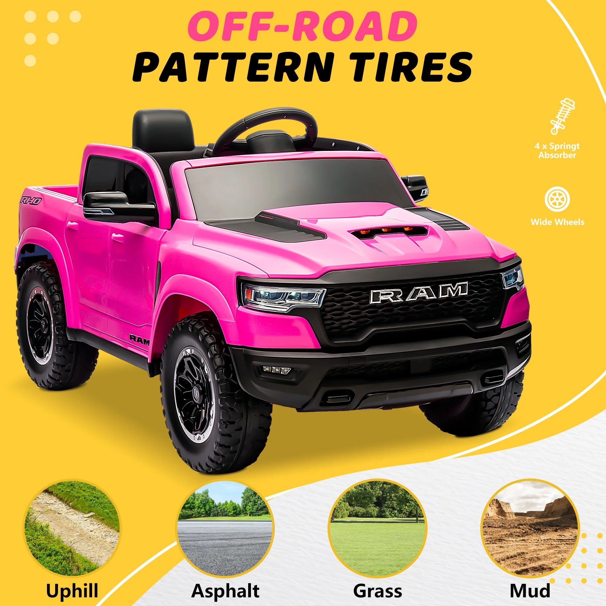🚗 RAM 1500 12V Ride-On Truck for Kids with Remote Control – Electric Car Toy with Music, LED Lights, Bluetooth & Suspension | Pink