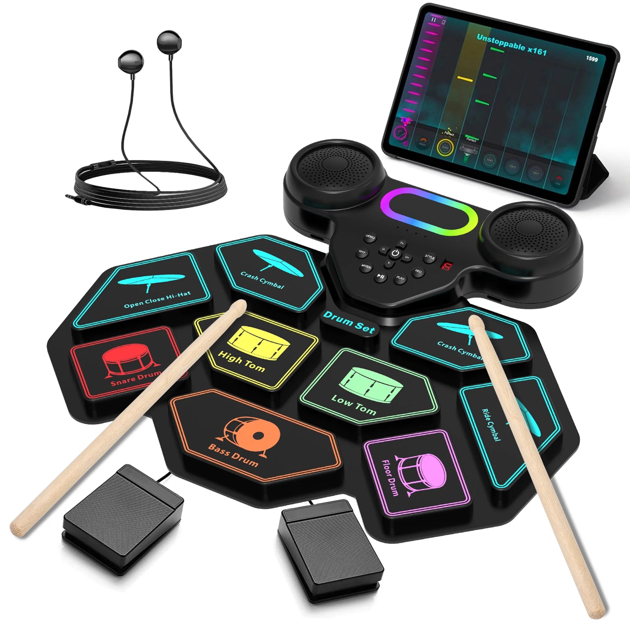 Electronic Drum Set for Kids & Adults – 9-Pad Portable MIDI Roll-Up Drum Kit with Dual Speakers, Headset Jack, Drumsticks & Foot Pedals – Beginner-Friendly