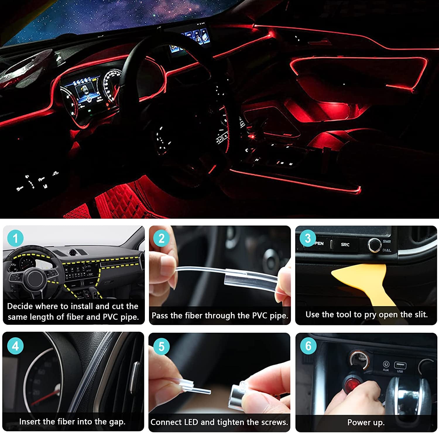 Interior Car LED Strip Lights – 6-in-1 RGB Ambient Lighting Kit with 315" Fiber Optic, Bluetooth APP Control & Music Sync
