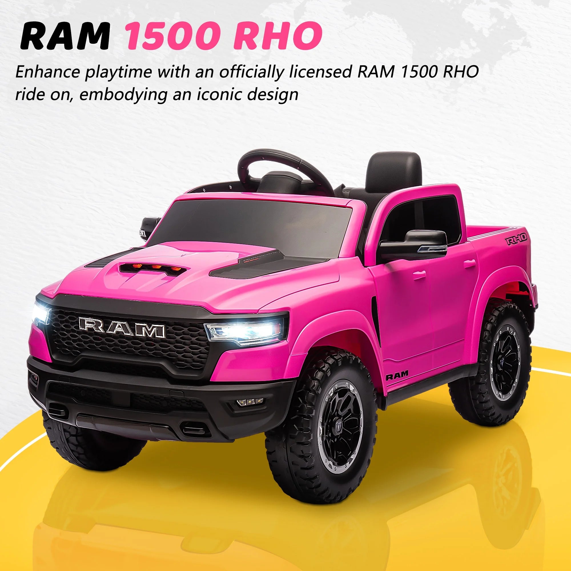 🚗 RAM 1500 12V Ride-On Truck for Kids with Remote Control – Electric Car Toy with Music, LED Lights, Bluetooth & Suspension | Pink