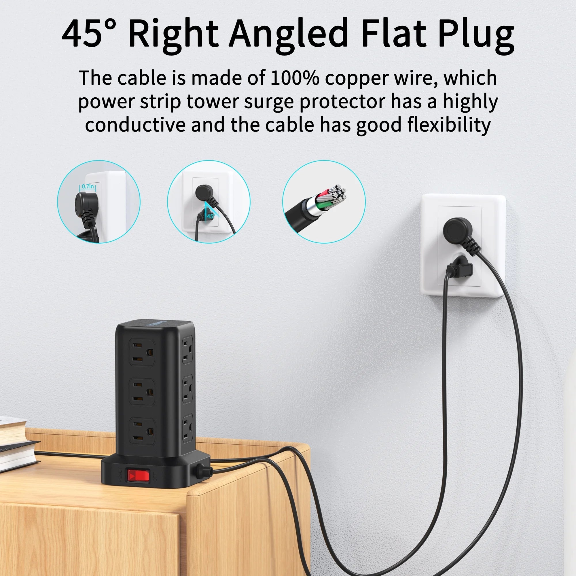 Power Strip Tower – 12 Outlets with 4 USB Ports, Surge Protector Charging Station with 6.5Ft Extension Cord (Black)