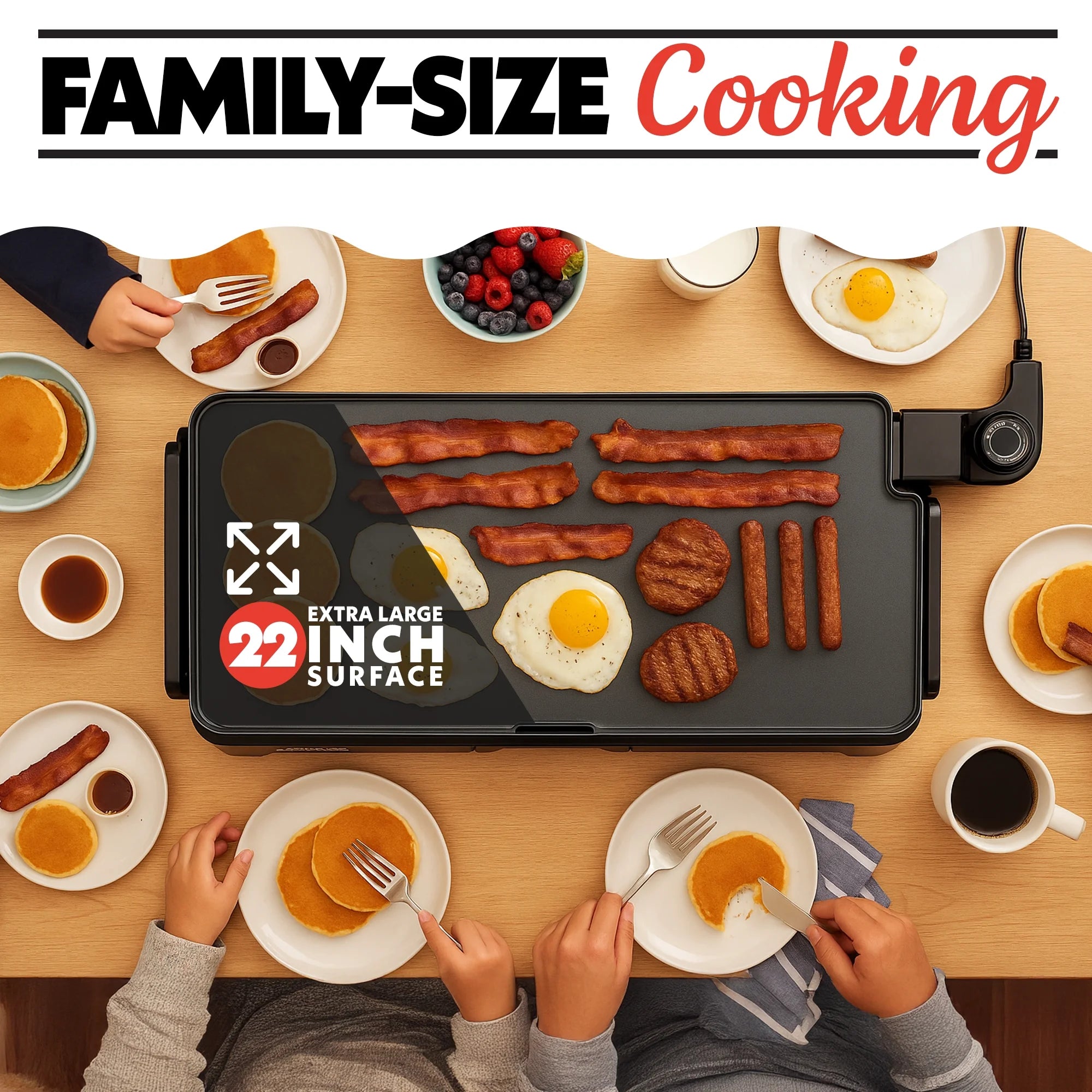 22-Inch Ceramic Nonstick Electric Griddle with Adjustable Temperature Control – Gray, Large Surface for Even Cooking