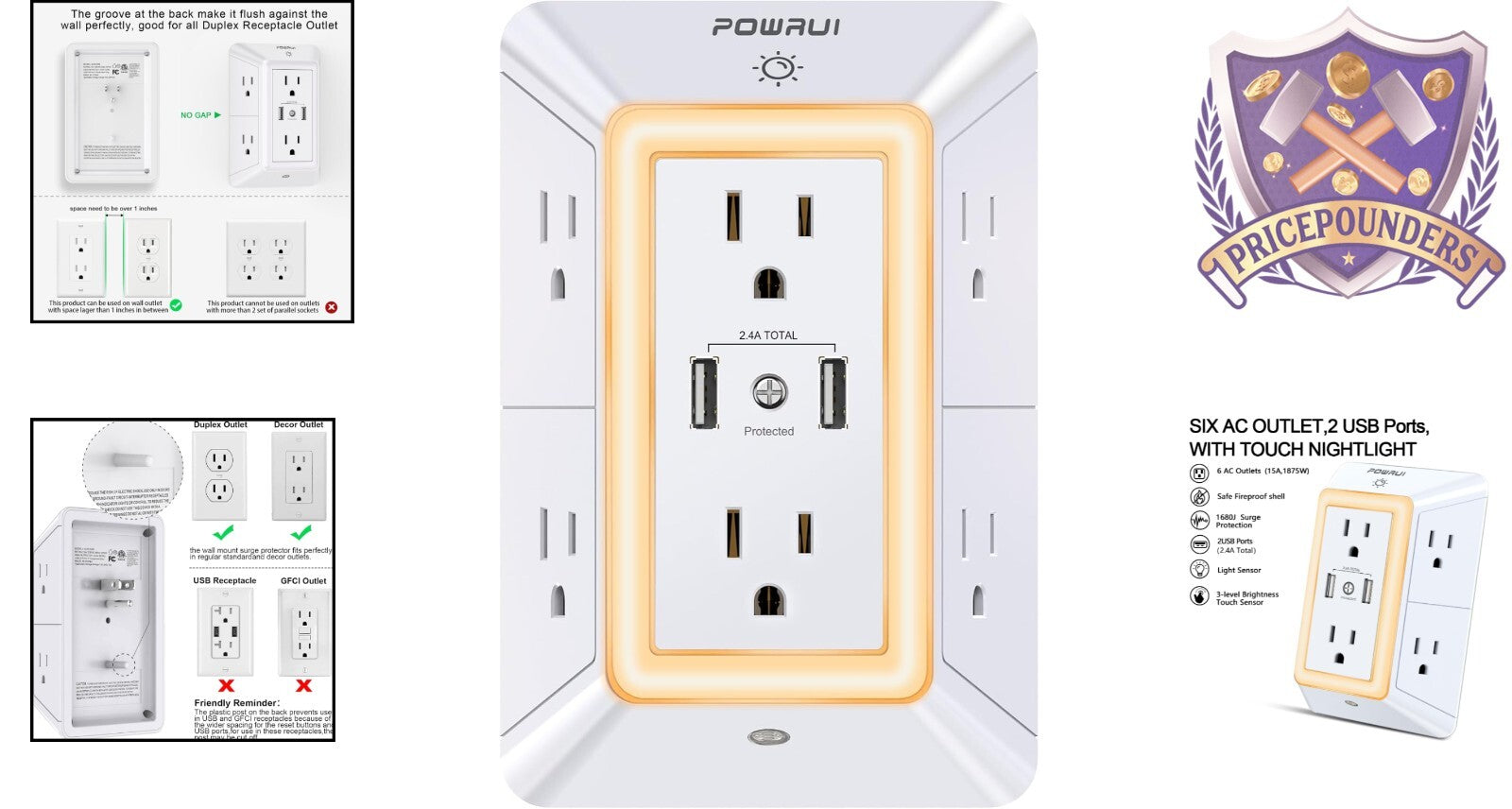 USB Wall Charger Surge Protector 6-Outlet Extender with Night Light & 2 USB Ports
