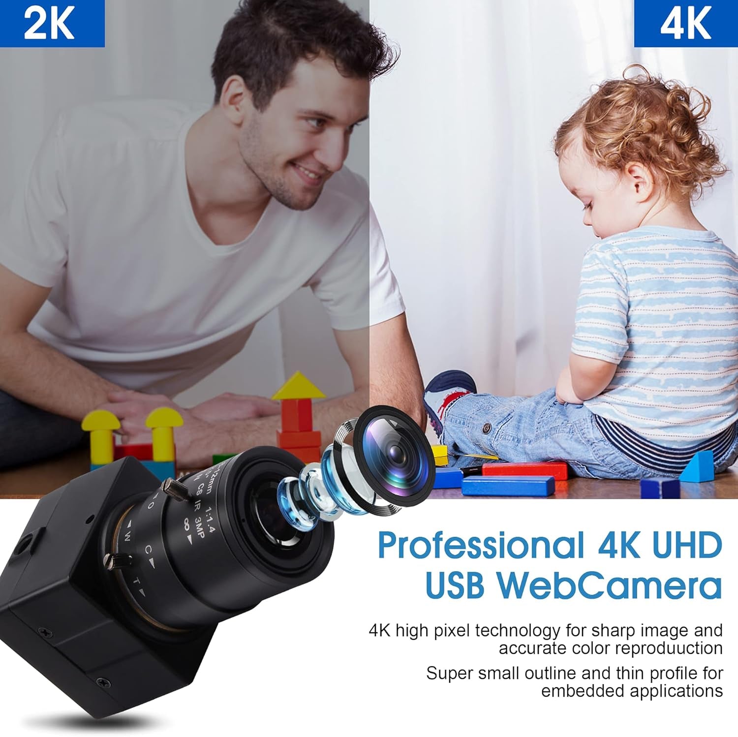 4K Ultra HD USB Camera with 2.8–12mm 4X Varifocal Manual Lens – UVC Compliant USB Webcam for Conference Calls, Live Streaming & OpenCV Support
