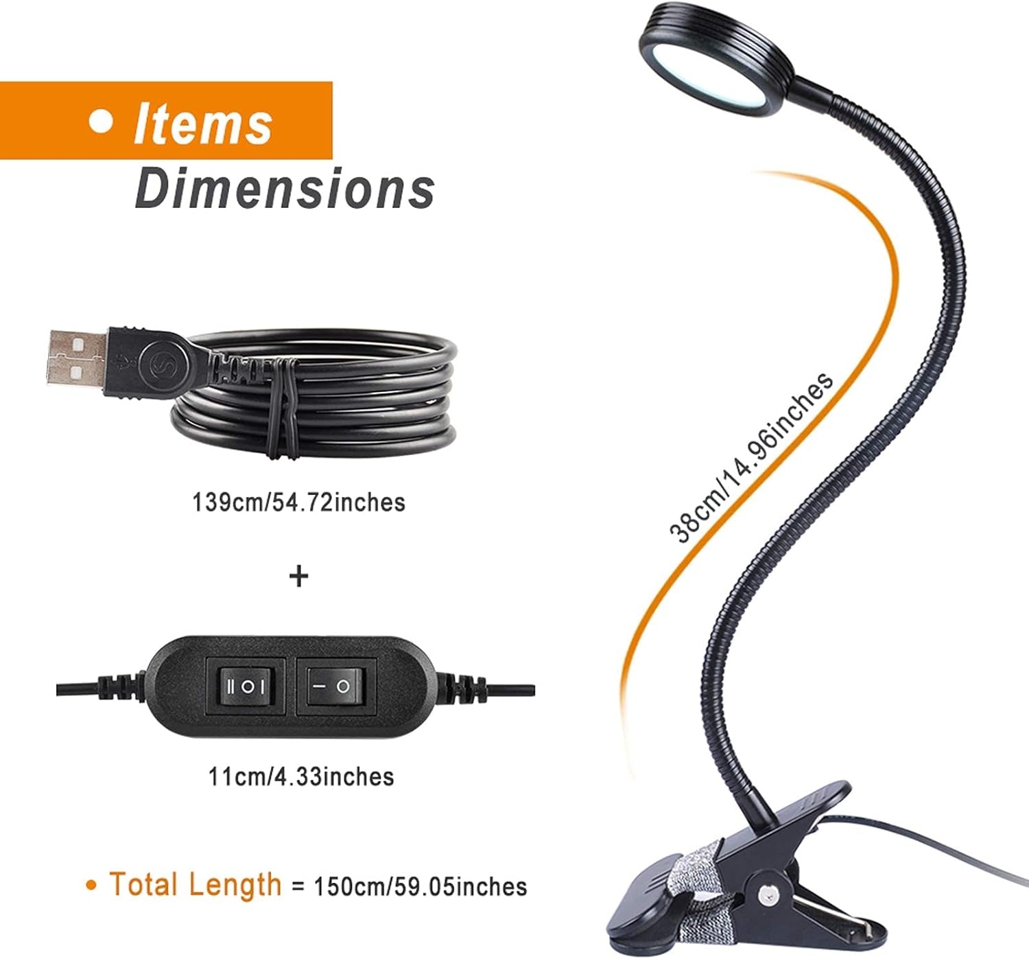 Clip-On Color-Changing LED Light – Reading, Book, Desk & Night Lamp with Adapter, Black