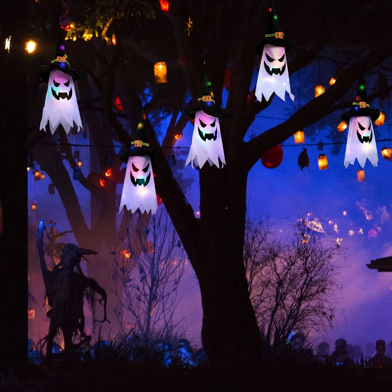 π 5 Pcs Halloween Lights β Glowing Ghost & Witch Hat Decorations Indoor & Outdoor Halloween Decor Ornaments for Home, Garden, Yard