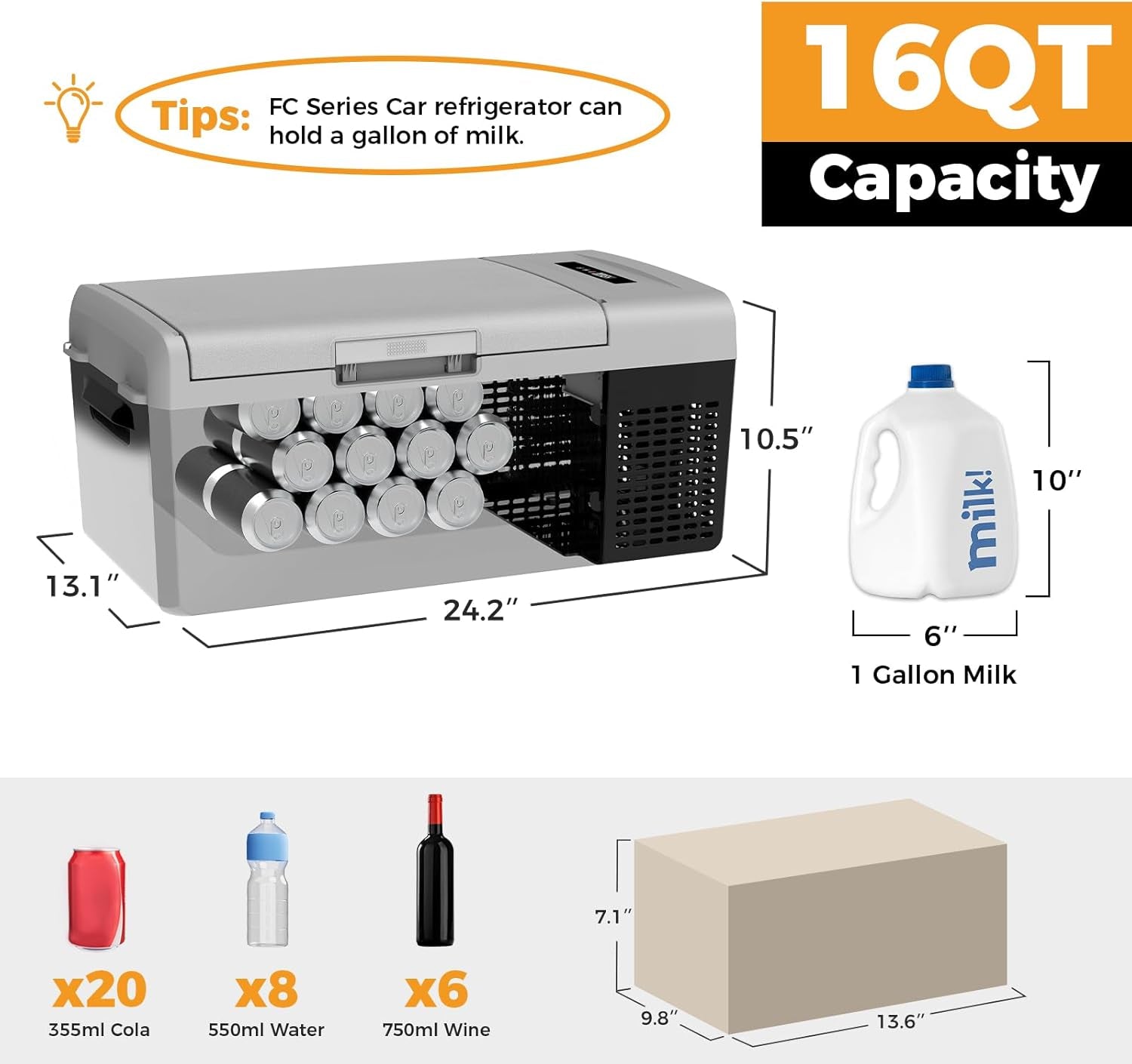 FC15 Portable 12V Car Refrigerator & Freezer – 15L/15.8Qt Fast Cooling Electric Cooler with Dual Power (12/24V DC & 110/240V AC) – Black & Grey