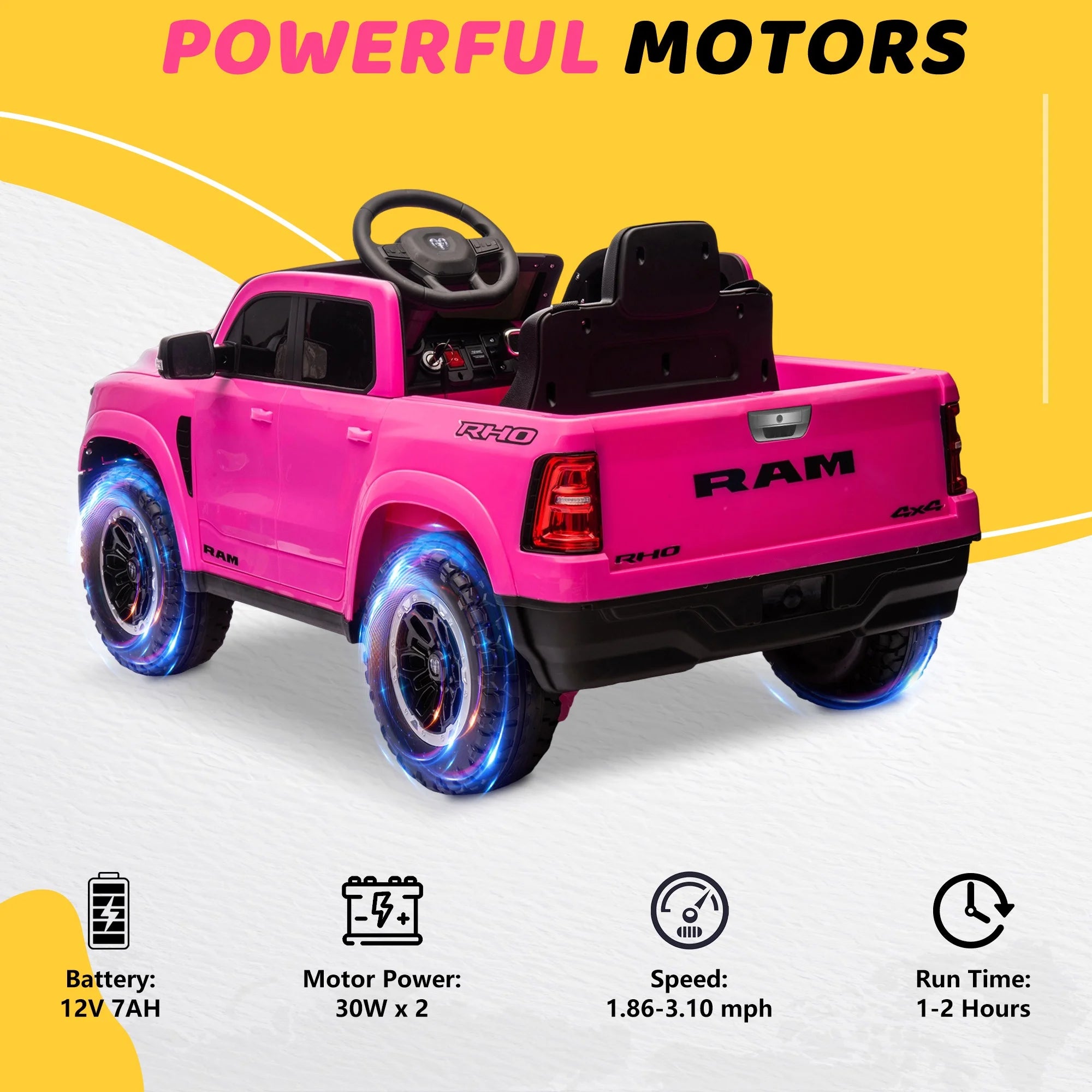 🚗 RAM 1500 12V Ride-On Truck for Kids with Remote Control – Electric Car Toy with Music, LED Lights, Bluetooth & Suspension | Pink