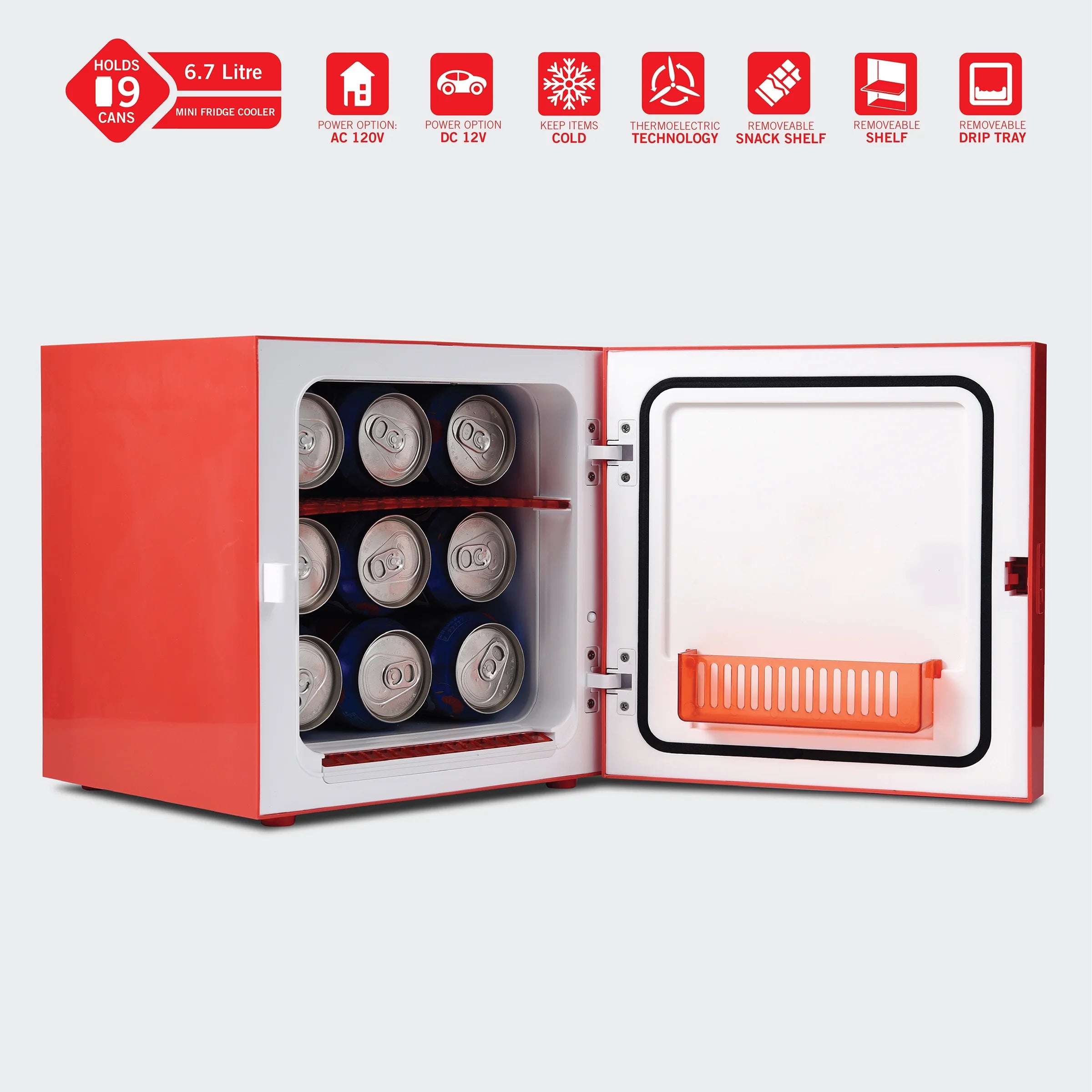 Red Cooler Mini Fridge – 6.7L Single Door, Holds up to 9 Cans, AC/DC Powered