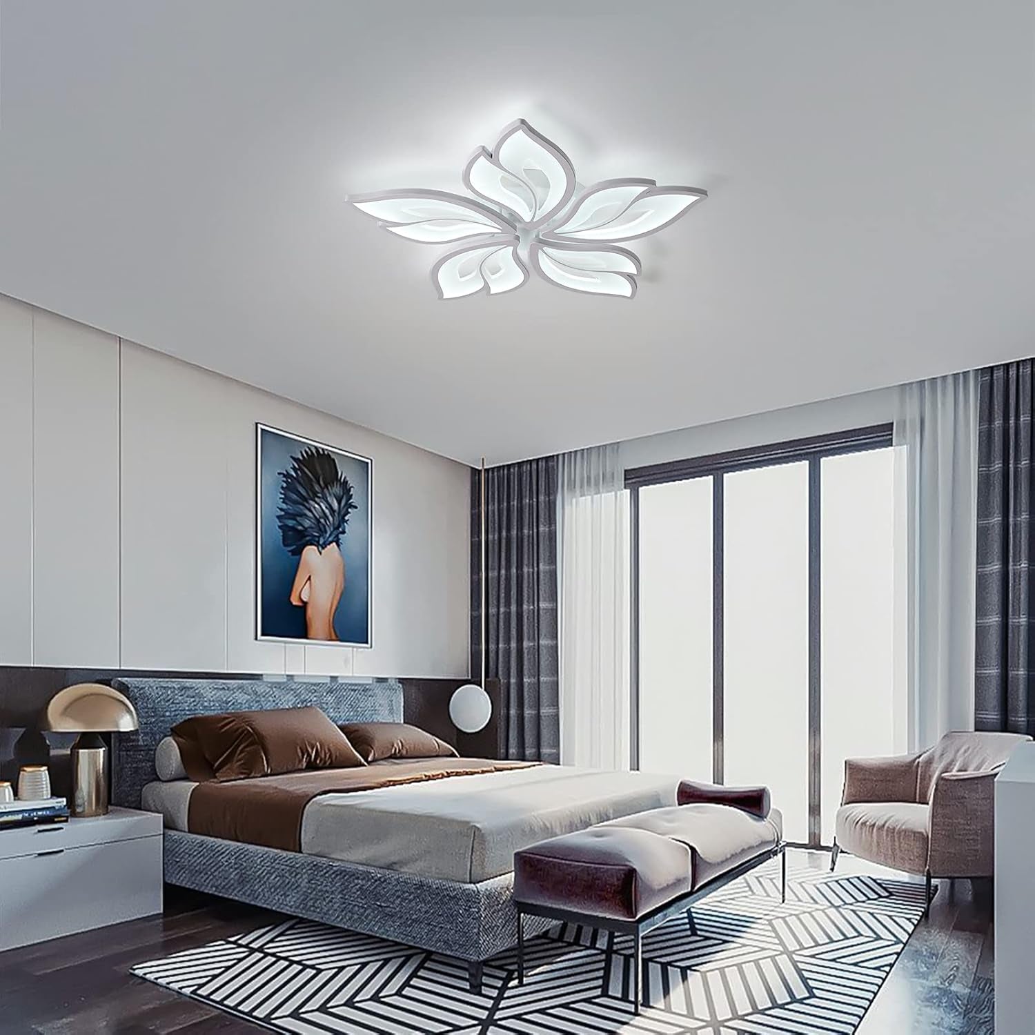 Modern Ceiling Light 23.6” – Dimmable LED Chandelier Flush Mount with Remote Control, Acrylic Leaf White Lamp Fixture for Living Room, Dining Room & Bedroom, 60W