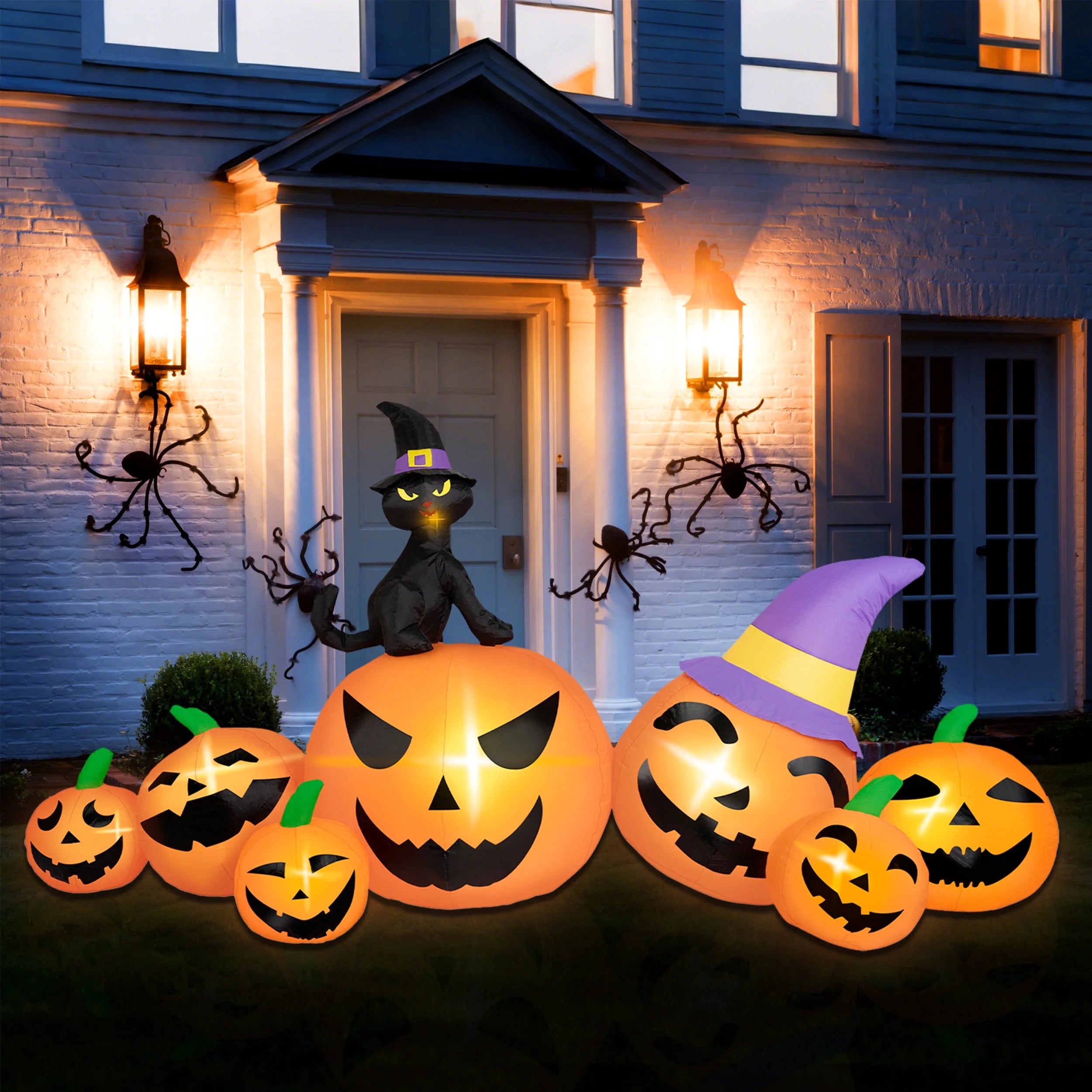 8FT Long Halloween Inflatable Pumpkins – Blow-Up Yard Decor with Witch Hat, Black Cat & Built-In LED Lights for Lawn, Garden, Party & Outdoor Displays